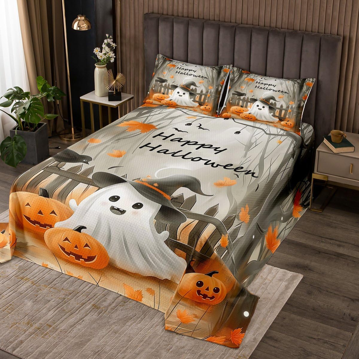 Erosebridal Funny Halloween Ghost Quilt Set Botanical Leaves Butterfly Queen Bedspread Set, Reading Newspaper Fancy Humor Ghost Coverlet Sets Vintage Gothic Quilted