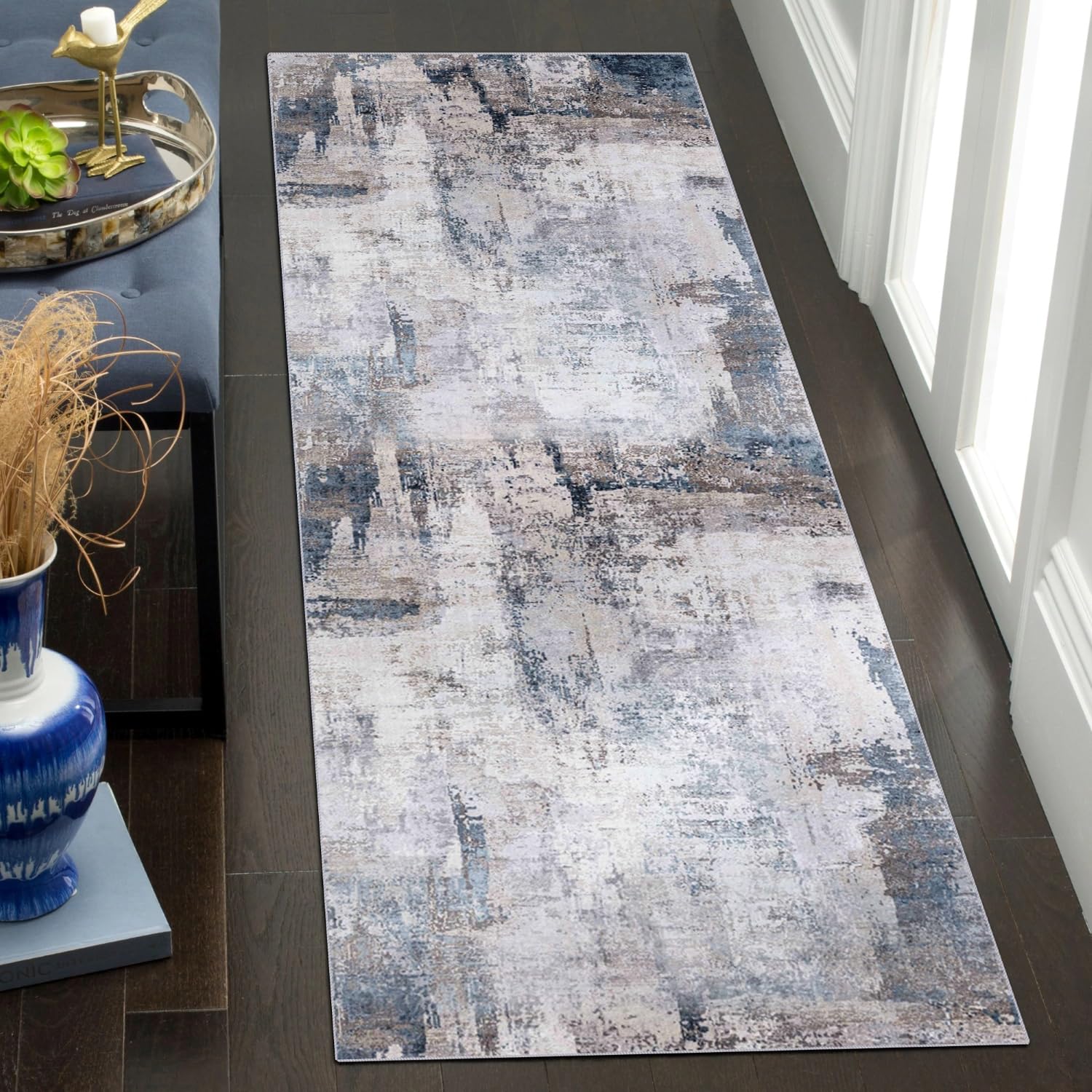 Machine Washable Runner Rug, 2' x 8', Entryway Rug Hallway Runner Rug, Modern Abstract Style, Grey/Navy