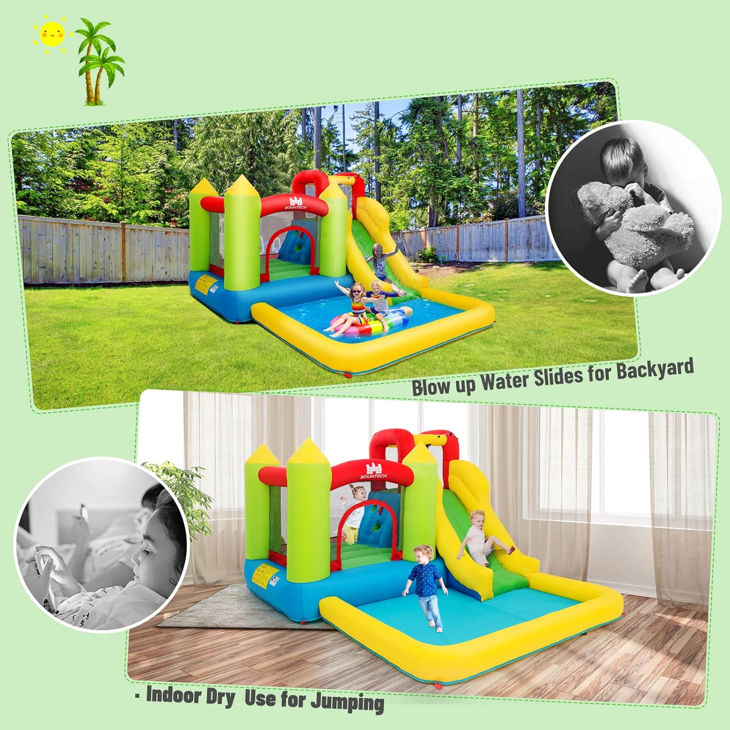 HONEY JOY Inflatable Water Slide, 5 in 1 Giant Water Bounce House Water Park w/Climbing Wall & Slides, Splash Pool, Outdoor Blow up Water Slides Inflatables for Kids and Adults Backyard(480w Blower)