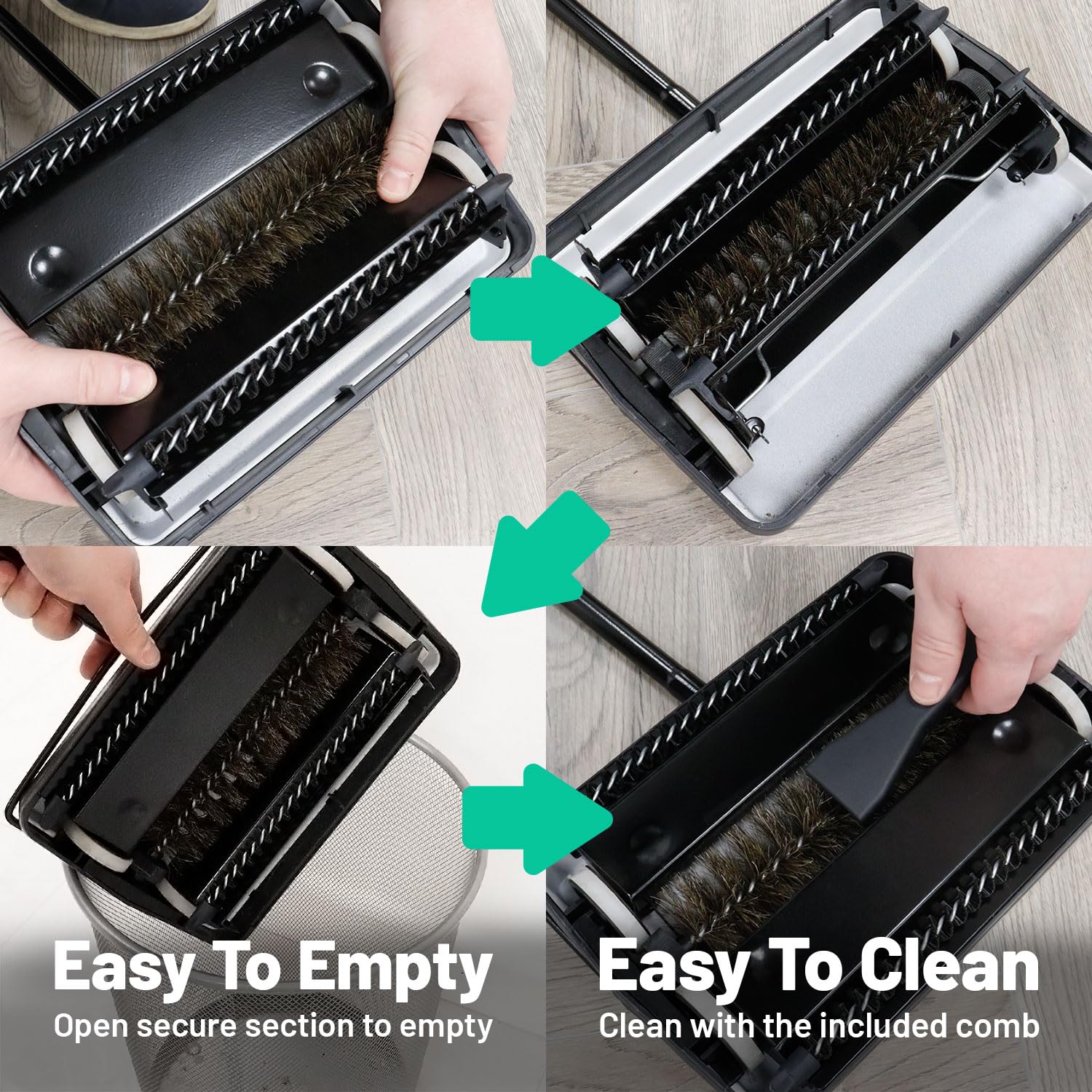 Eco Sweep Kehrmaschine für verschiedene Oberflächen, leicht, kabellos, für Teppiche, Fliesen, Laminat, Holz, Vinyl, kein Strom, mit rotierendem Borstensystem, für Staubkrümel und Schmutz