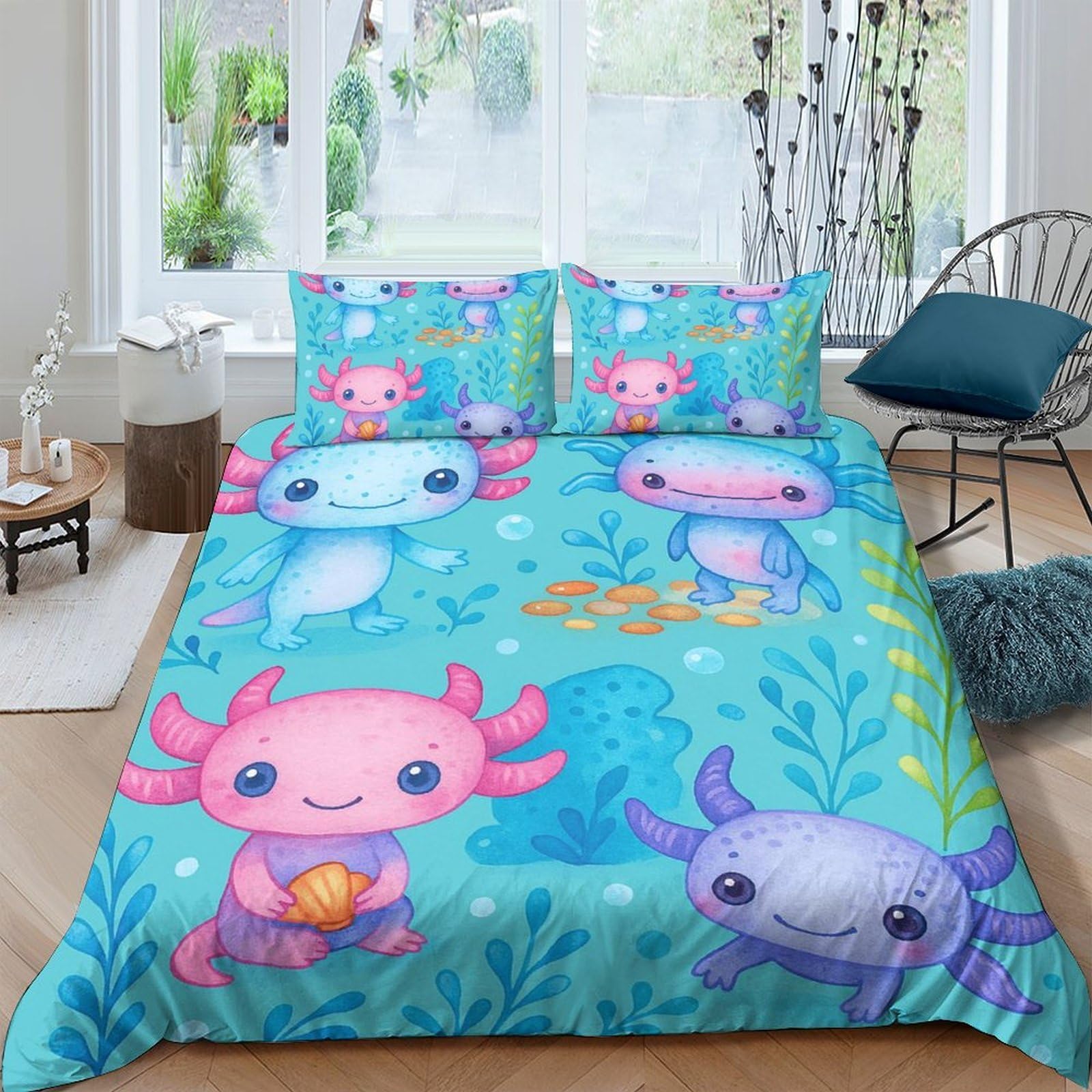 Ctjqhvkz Style-4 3D Printed Cute Axolotl Fitted Sheet Microfiber Soft Blue Underwater Cartoon Mattress Cover For Bedroom Guest Room Decor Single（135X200cm）