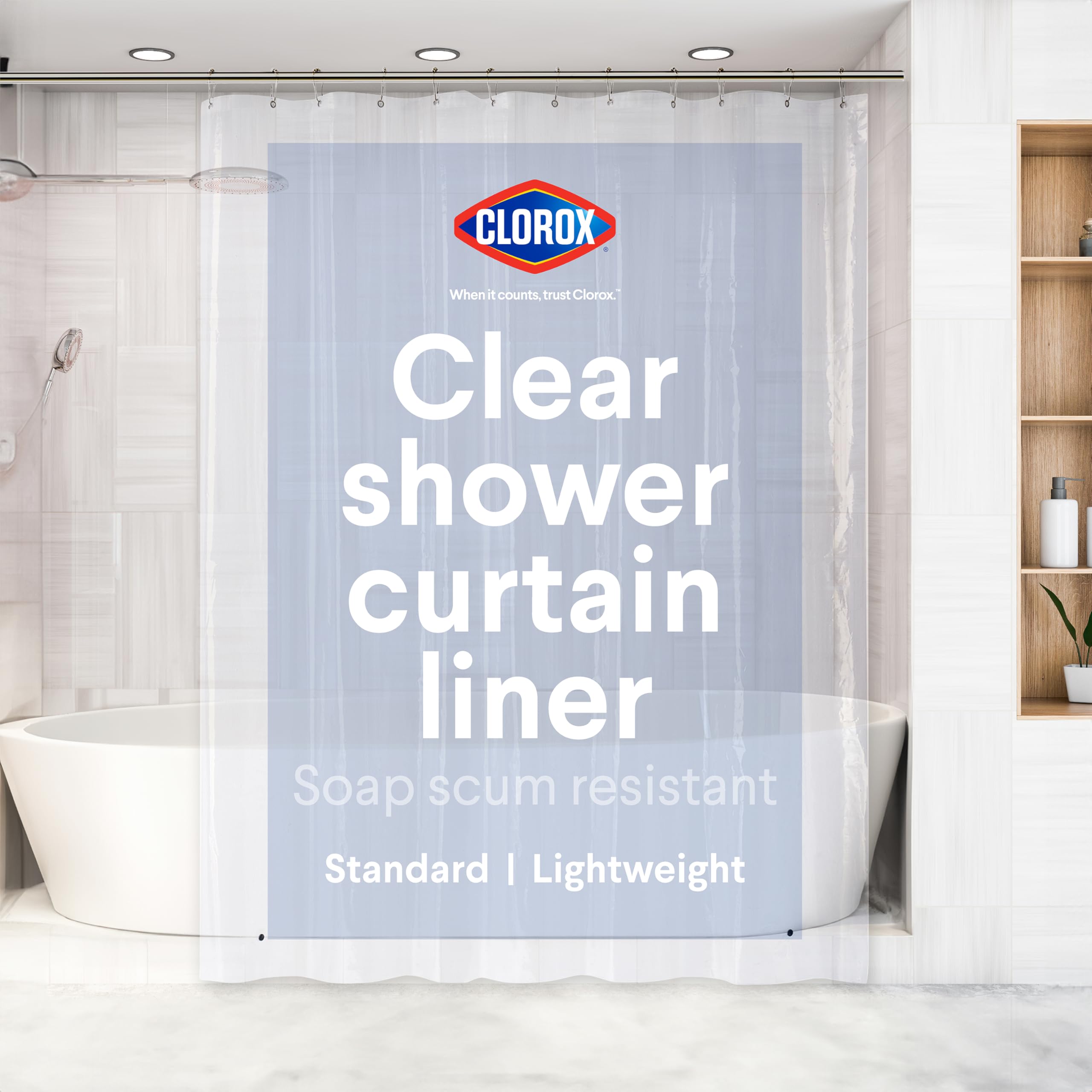 CLOROX Shower Curtain Liner, Premium Lightweight Durable Waterproof 4g PEVA for Bathroom with Weighted Magnets, Standard Size 70