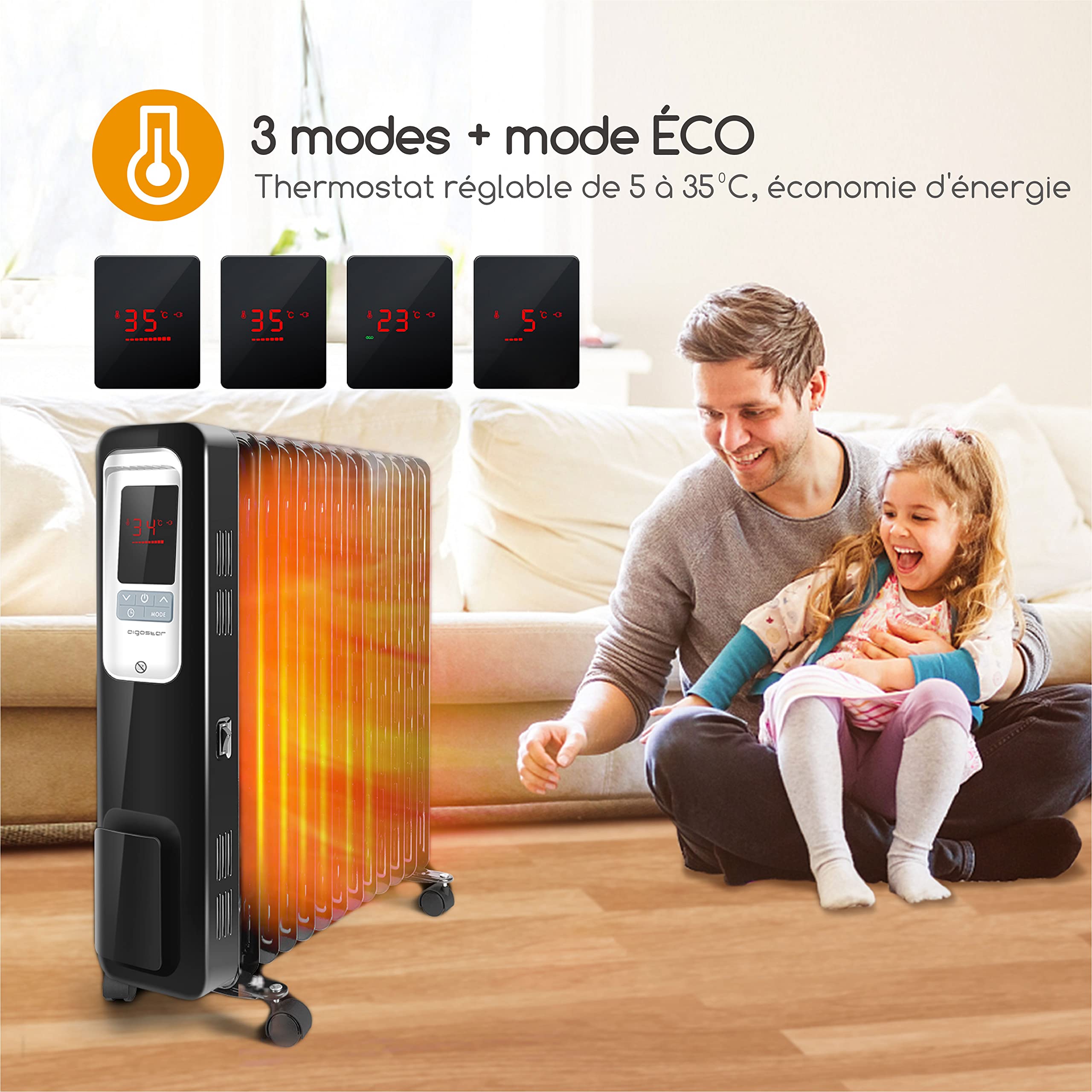 Aigostar Oil Monster - Radiateur à bain d’huile 2500W, 13 éléments chauffants. 3 modes + ECO, minuterie 24h, thermostat réglable. Écran LED, télécommande, silencieux.