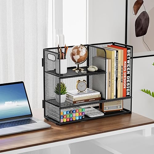 Miniatura 2 de Marbrasse Organizador de estante de escritorio de 3 niveles con asa, soporte para archivos, estante de exhibición de malla, estante organizador de