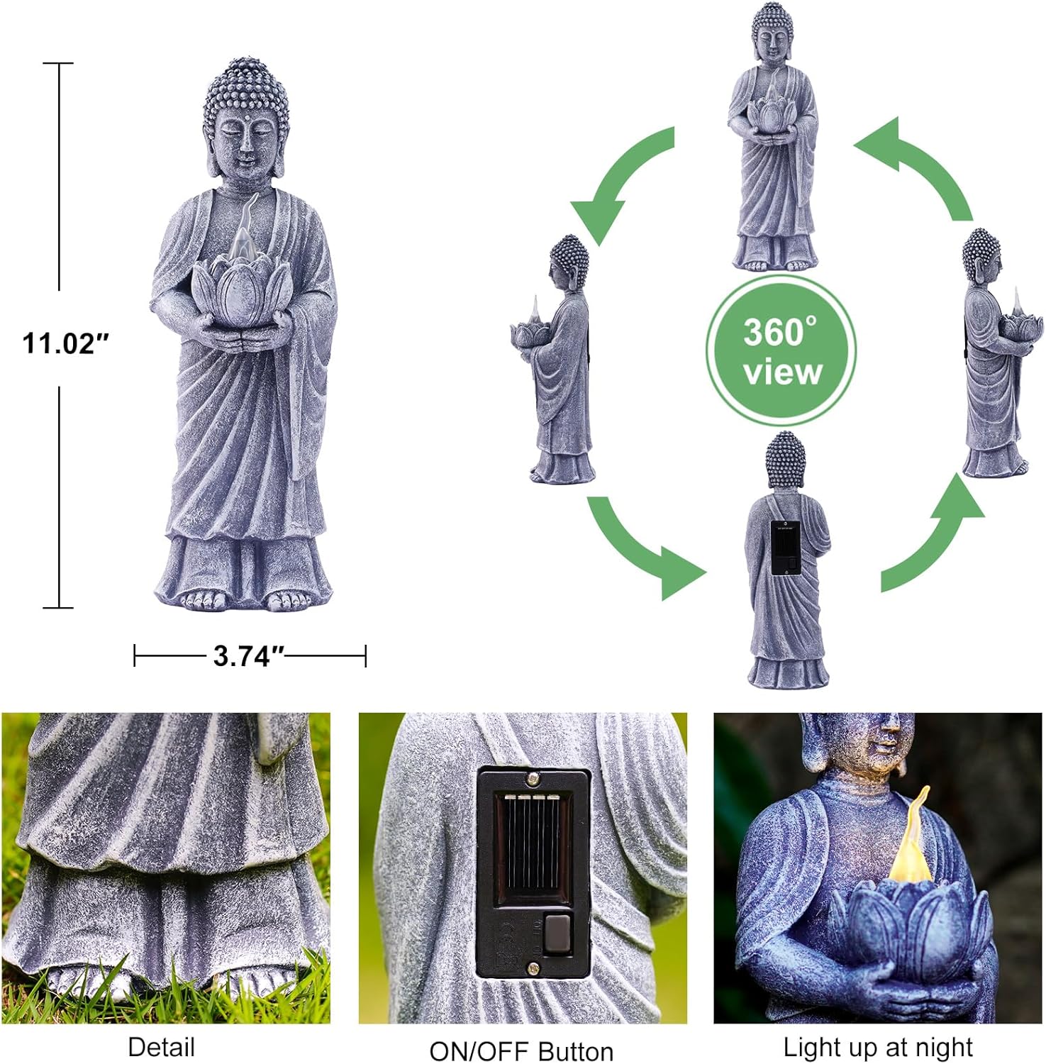 Solar Buddha Statue Outdoor - 11 Inch Tall Solar Outdoor Yard Zen Garden Decor - Ideal Gifts for Housewarming - Image 2