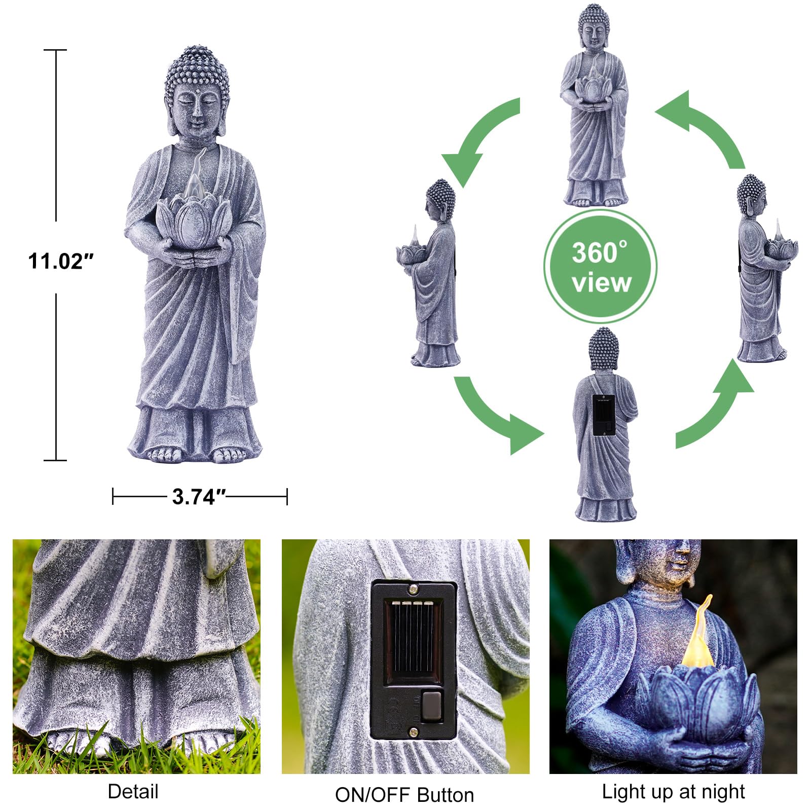 Yeomoo Statuetta di Buddha solare con podio di loto, decorazione a LED, 28 cm, resistente alle intemperie, per giardino, terrazza e soggiorno, regalo per donne, mamma e uomini (meditazione, yoga, feng