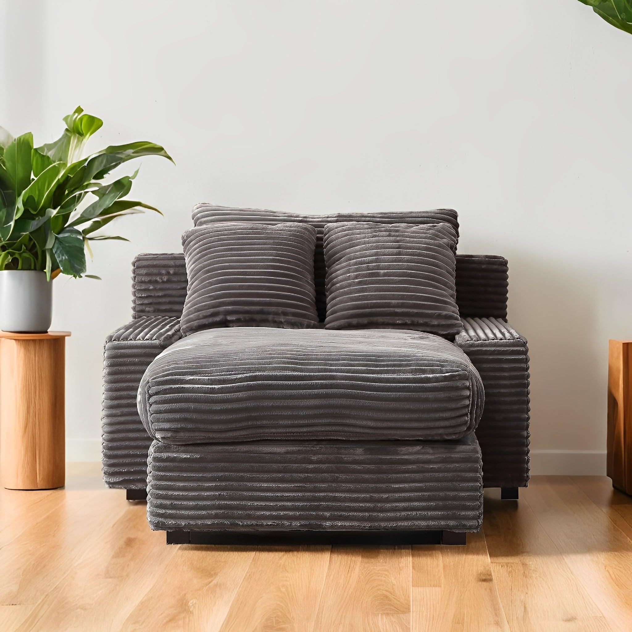 LUSPAZ Modern Luxury Daybed Chaise Sofa Set, Corduroy Fabric Upholstery Sleeper Couch with 3 Pillows,Grey