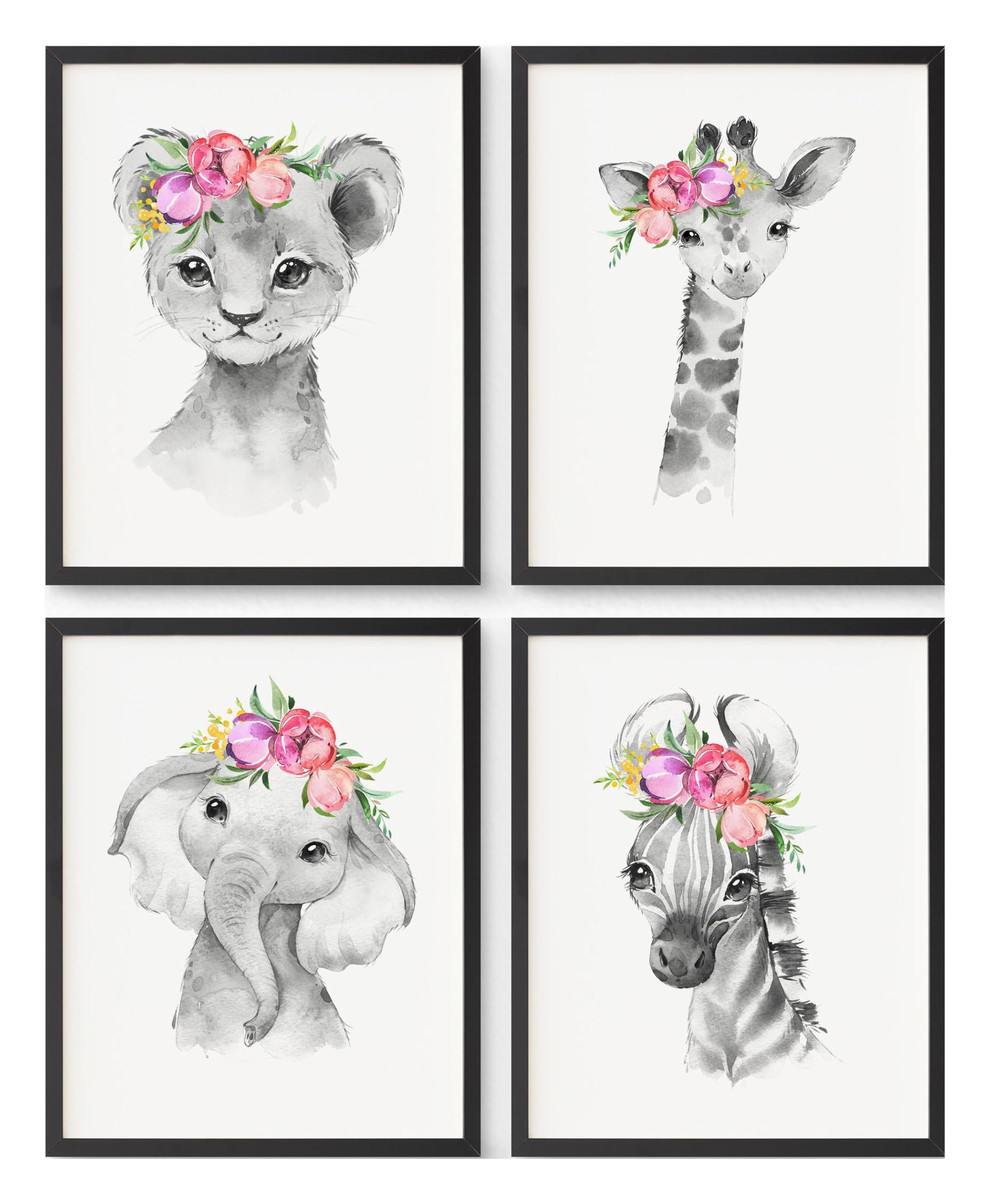 Prints Made Perfect Safari Nursery Wall Art Set - Baby Animal Prints Jungle Theme Decor - Elephant Giraffe Lion Zebra With Pink Flowers- Nursery Wall Decor for Kids Room or Baby Shower