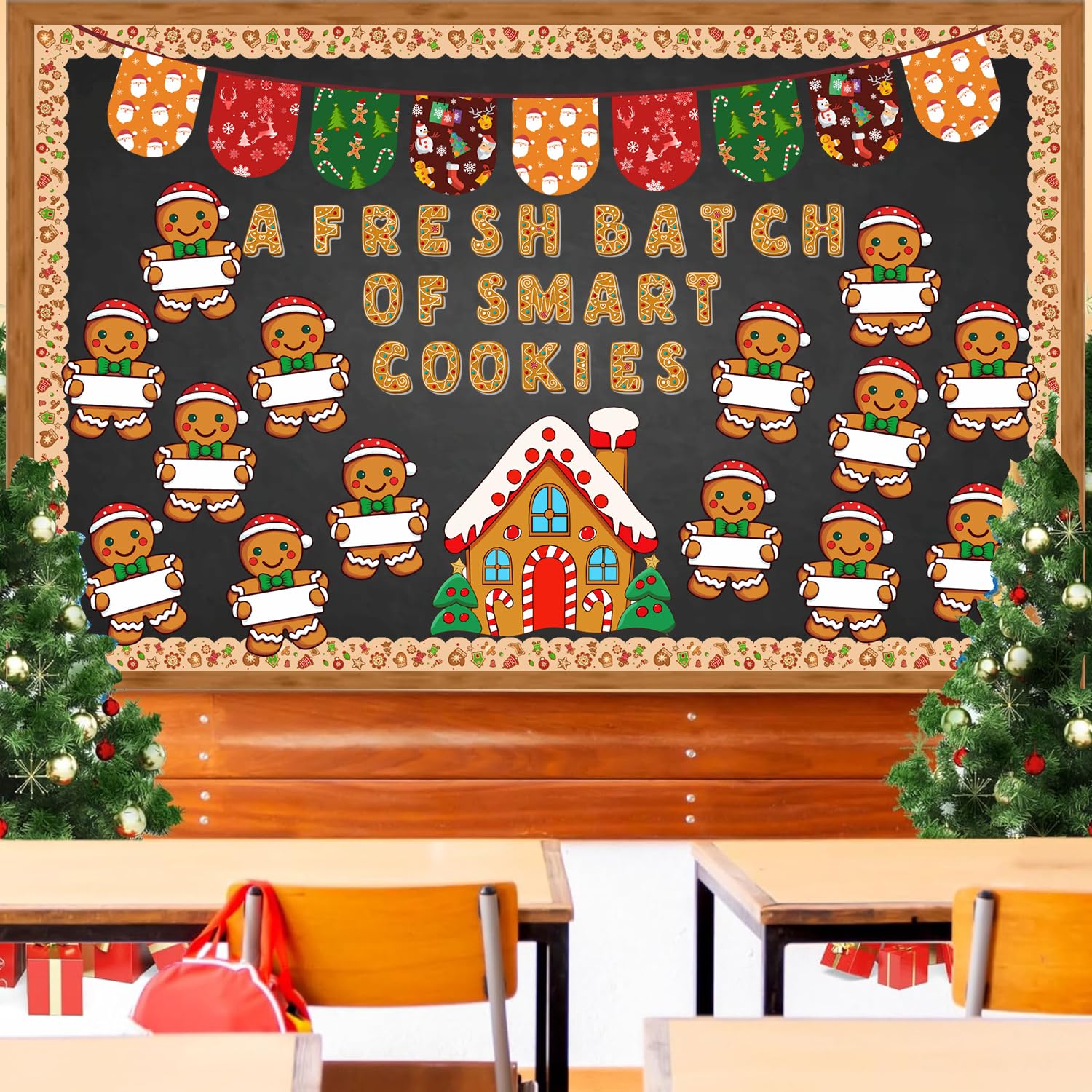 Gingerbread Bulletin Board Kit Christmas Classroom Decorations, A Fresh Batch of Smart Cookies Christmas Bulletin Board Party Decorations