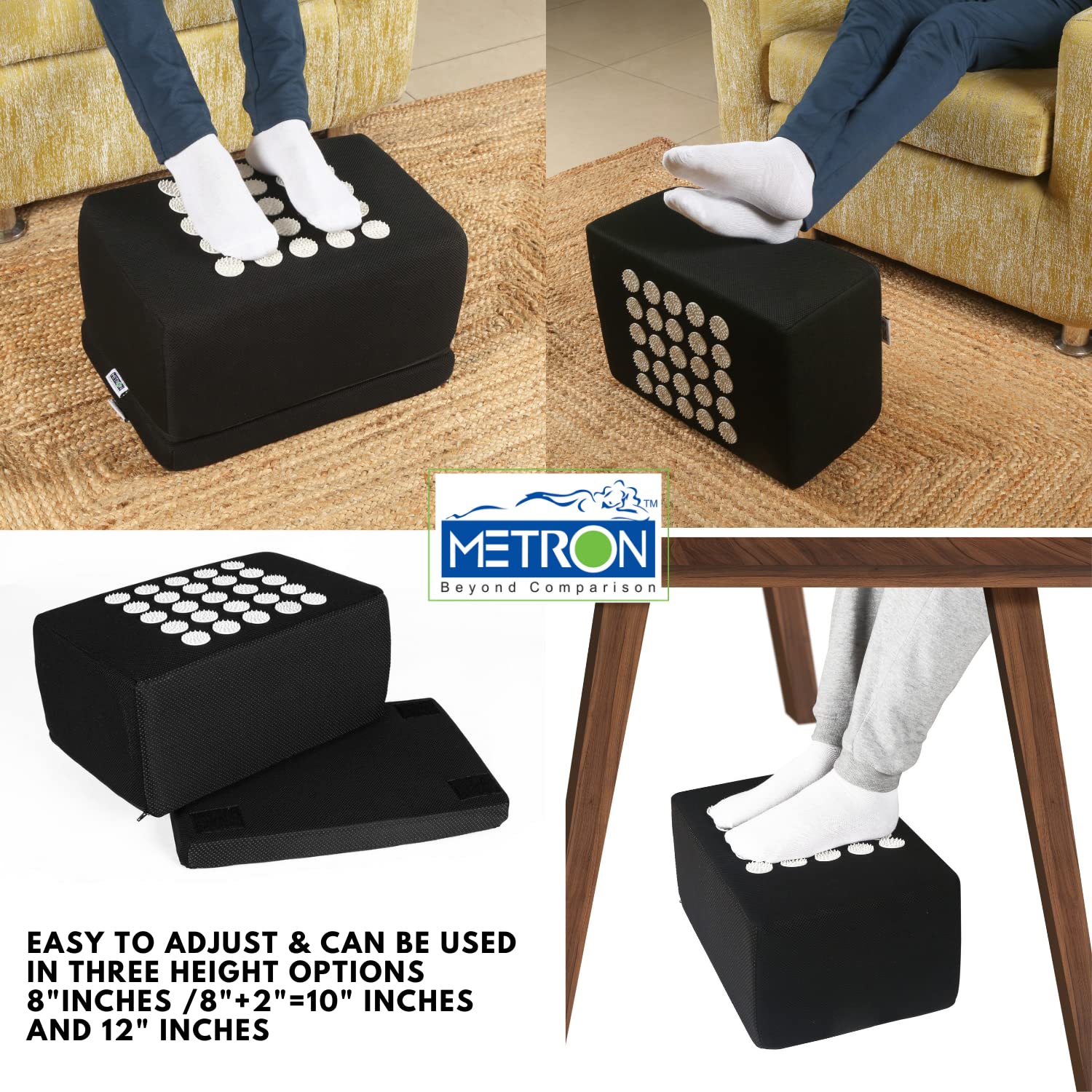 Metron Adjustable XL Foot Rest for Under Desk, Sofa & High Chairs – Ergonomic Footrest with 2 Height Settings, Acupressure Stimulators for Pain Relief, Ideal for Shorter People & Seniors | Office & Home Use 1