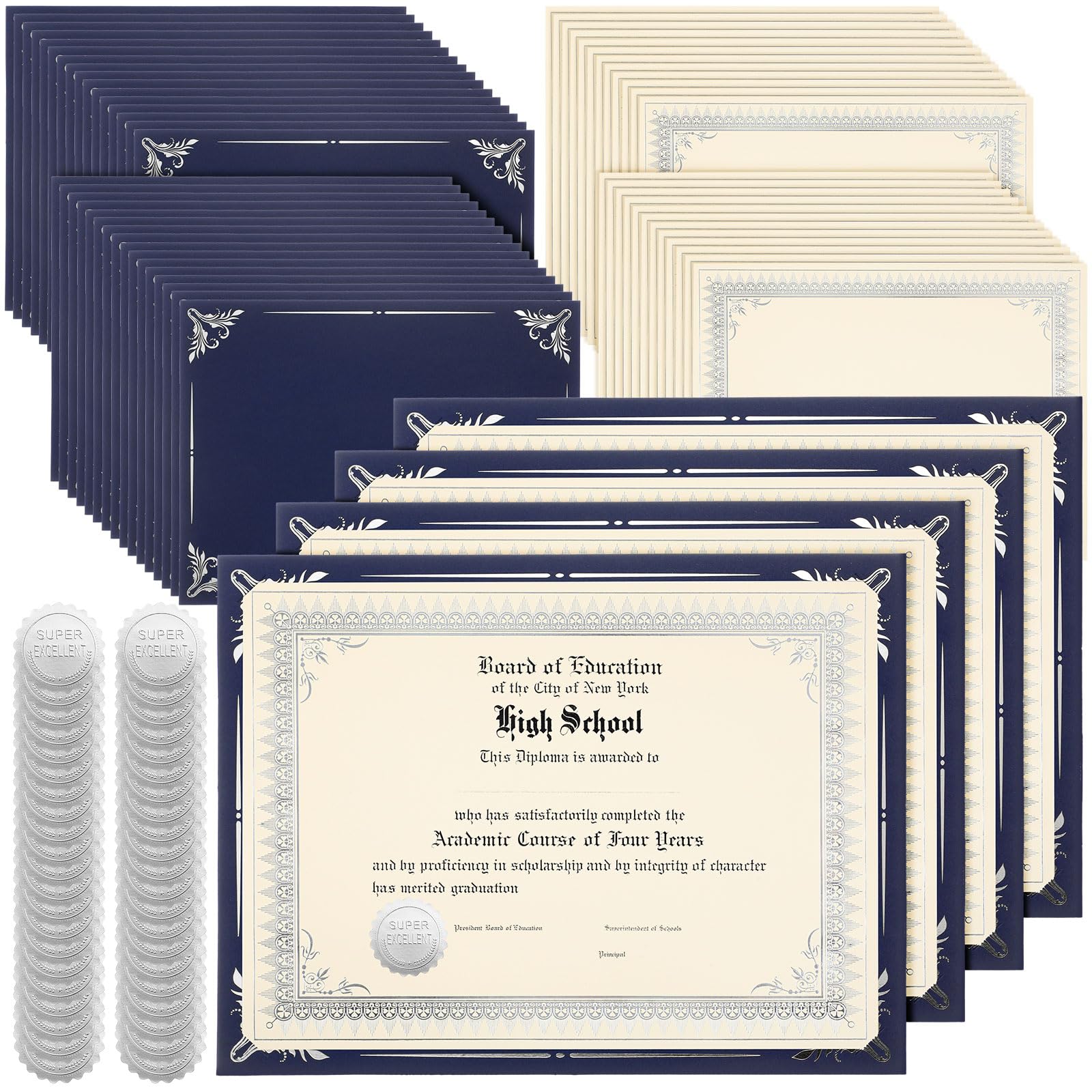 Fainne Lot de 100 feuilles de papier pour certificat, porte-récompenses d'un seul côté avec bordure en aluminium pour couvertures de certificats de 21,6 x 27,9 cm (bleu marine avec feuille argentée)