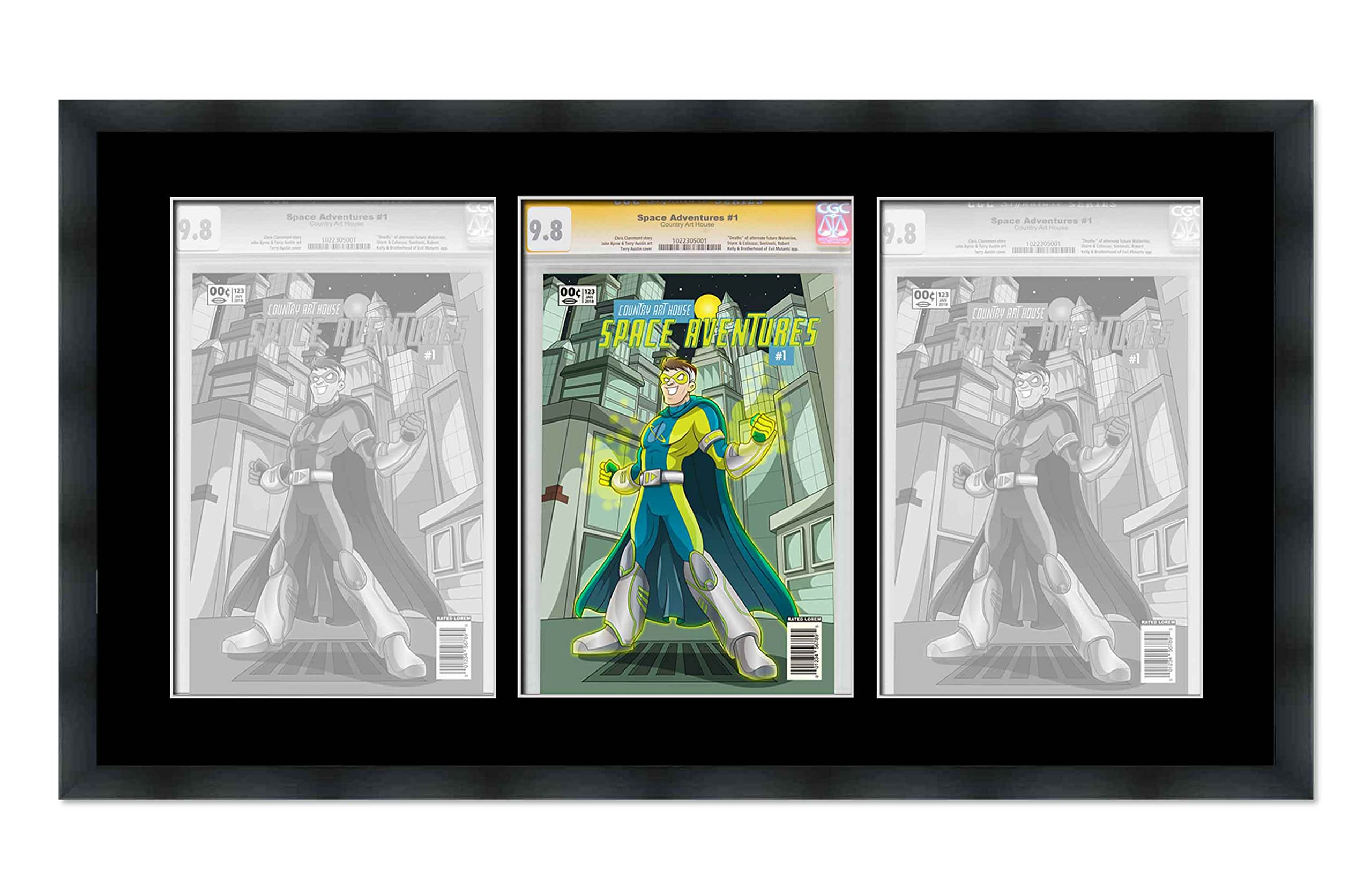 CountryArtHouse Black Comic Book Solid Wood Frame with Black Mat - 3 Openings to Display 3 CGC, CBCS or PGX Graded Comic Books Horizontally - with UV Acrylic, Backing & Hardware