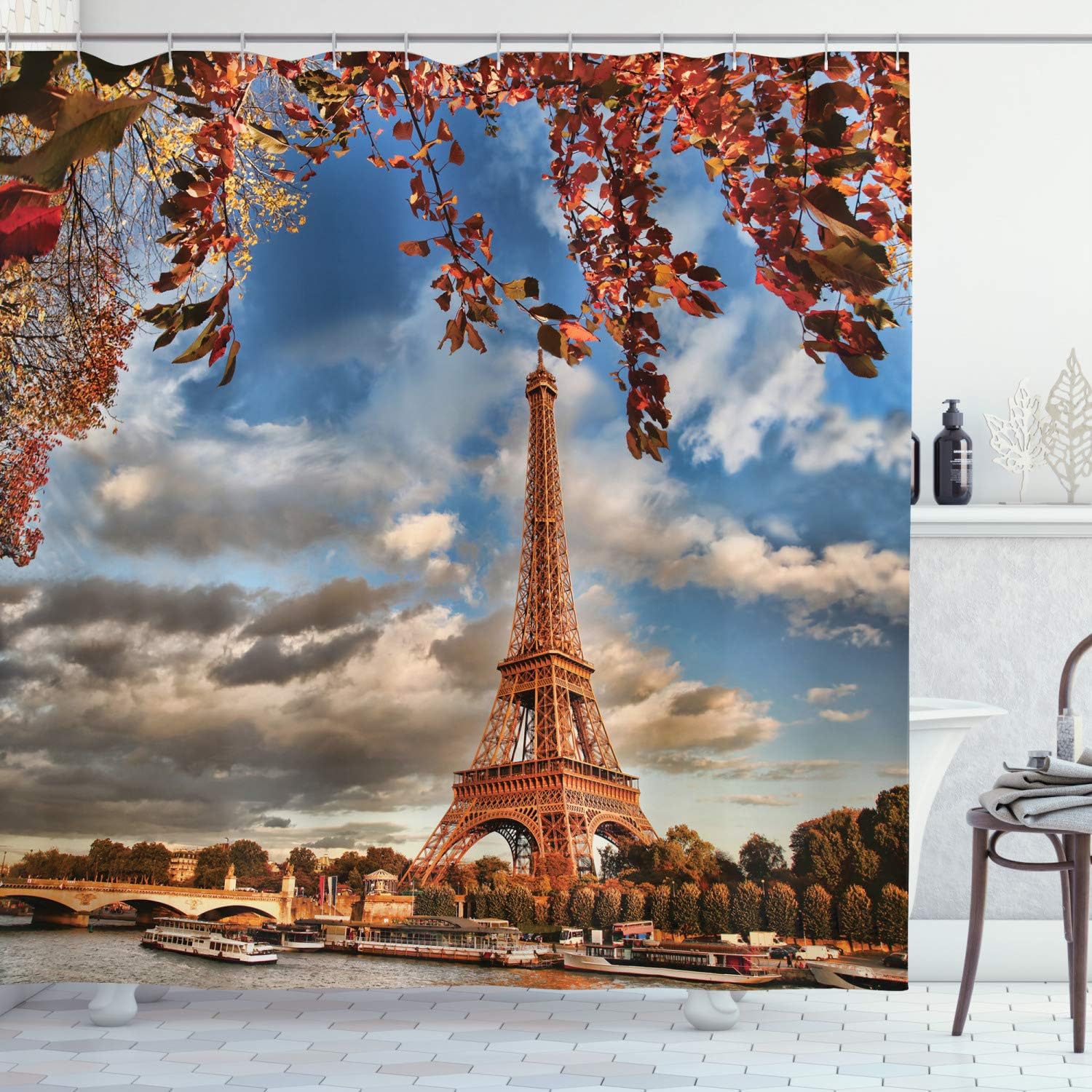 Ambesonne Eiffel Tower Shower Curtain, a Prominent Tower and Boat in Seine with Cloudscape Vacation Destination for Tourist Art, Cloth Fabric Bathroom Decor Set with Hooks, 69" W x 84" L, Orange Blue