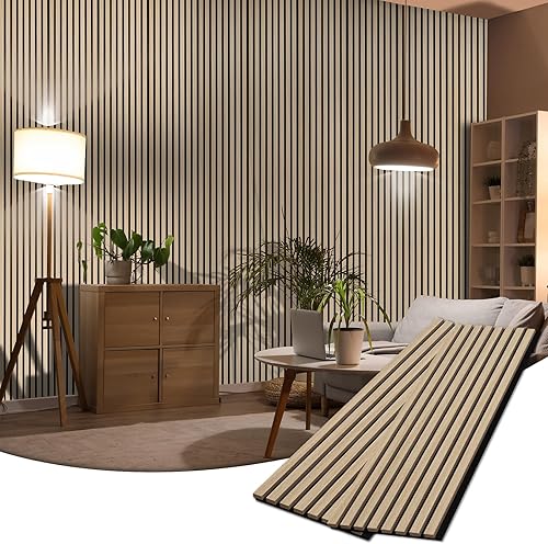 BUBOS Paneles de pared de madera acústica, paquete de 2 paneles de pared de listones de madera de 47.2 x 12.8 pulgadas, paneles de pared