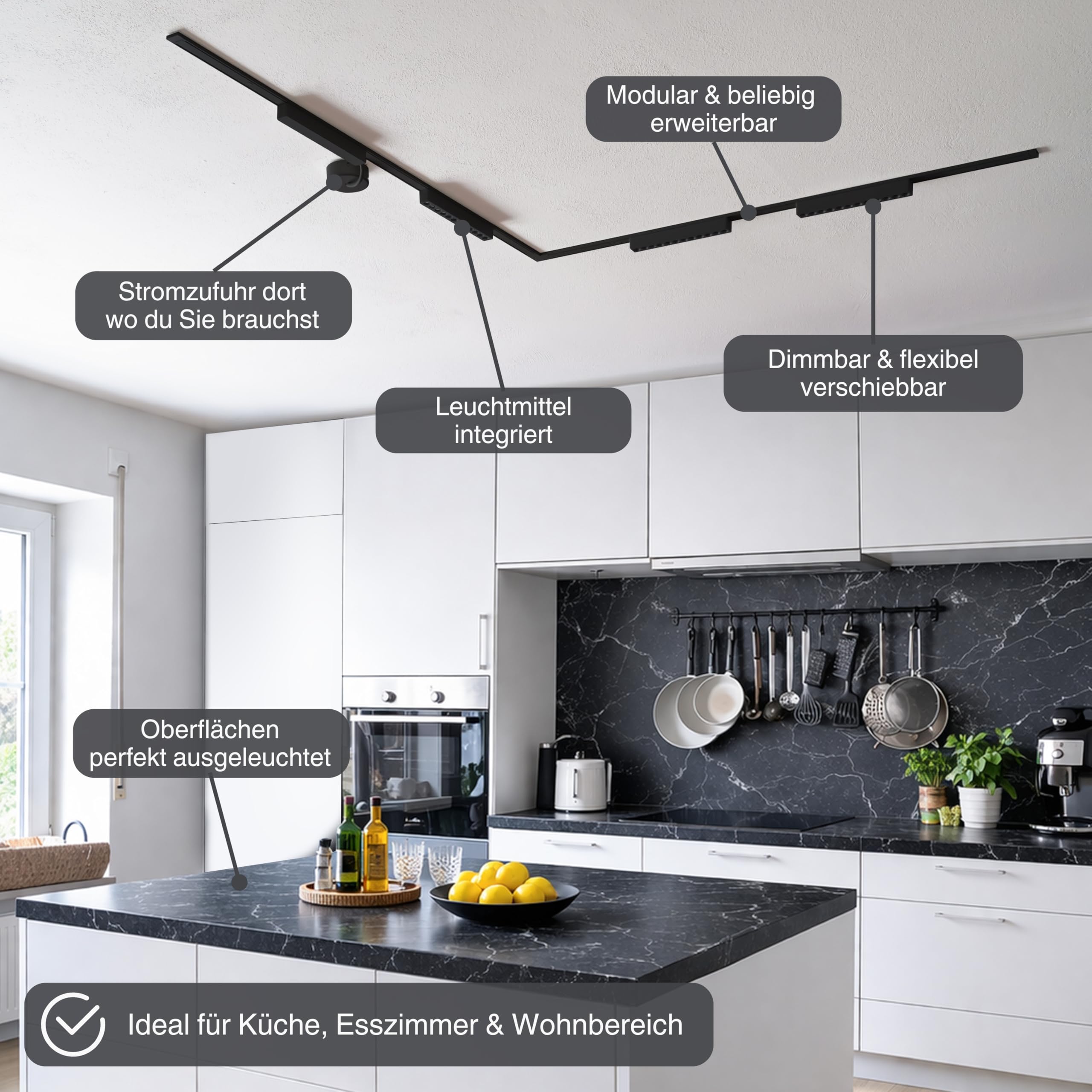 LED Schienensystem Decke – Komplettset mit 3 Leuchten – Zigbee dimmbar – Deckenlampe für Wohnzimmer, Küche, Esszimmer – moderne Deckenleuchte – Lichtschienensystem Schwarz