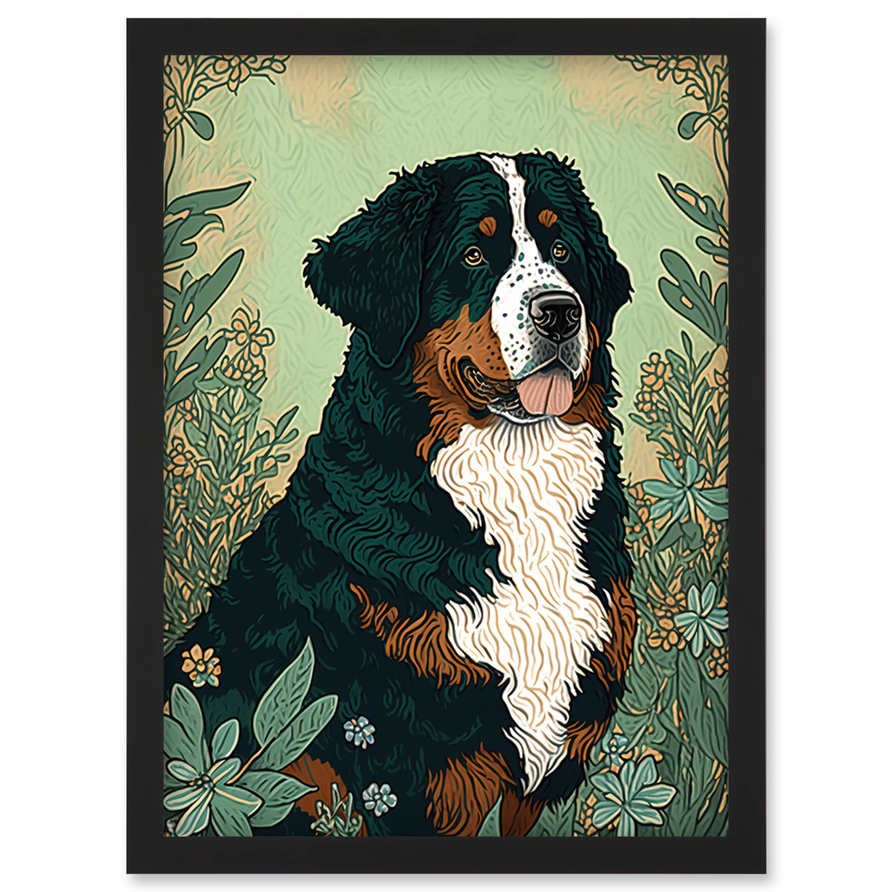 Artery8 Bernese Mountain Dog in Wildflower Field Modern Illustration Artwork Framed Wall Art Print A4