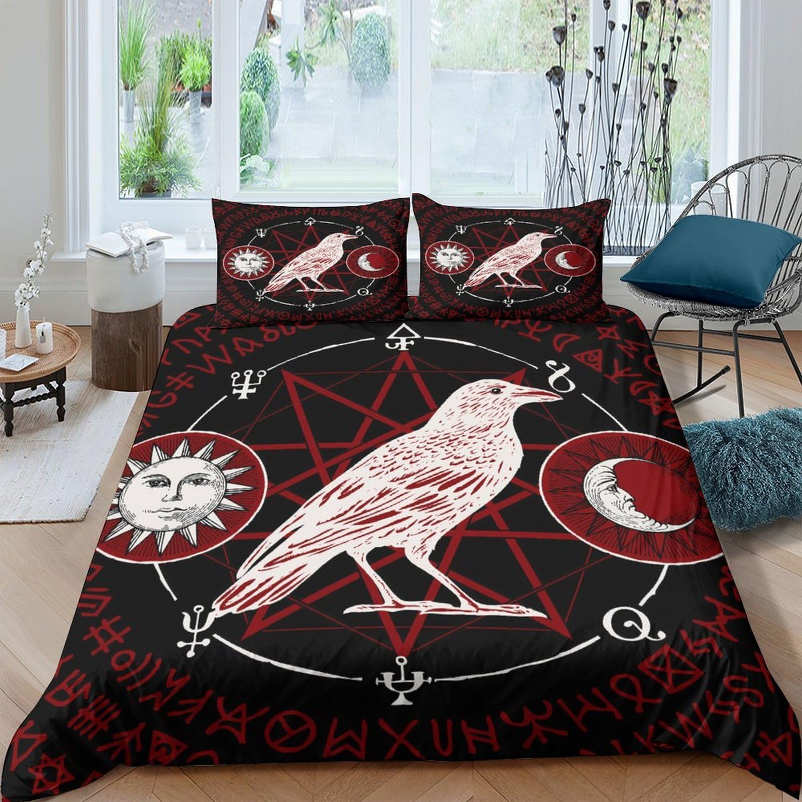Ctjqhvkz Style-1 3D Printed Gothic Raven Fitted Sheet Microfiber Soft Black Red Pentagram Bed Cover For Bedroom Dorm Mattress Protection Decor Single（135X200cm）