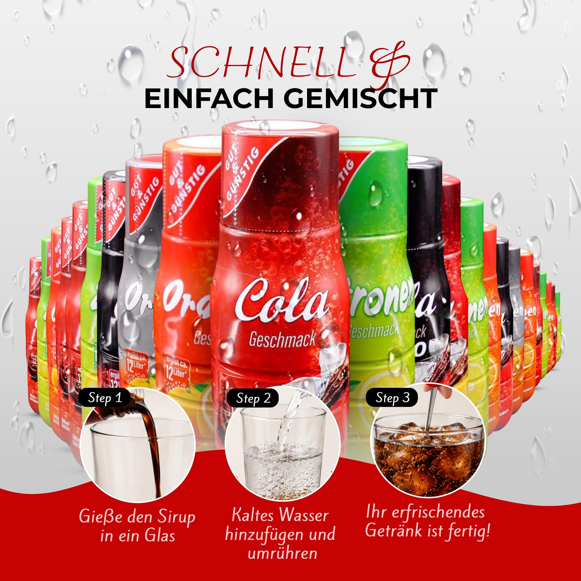 Gut & Günstig Getränke-Sirup Klassiker | Klassiker-Set | Cola, Orange & Zitrone | 24x500ml | Getränkesirup für Wassersprudler & Leitungswasser | Büro & Zuhause