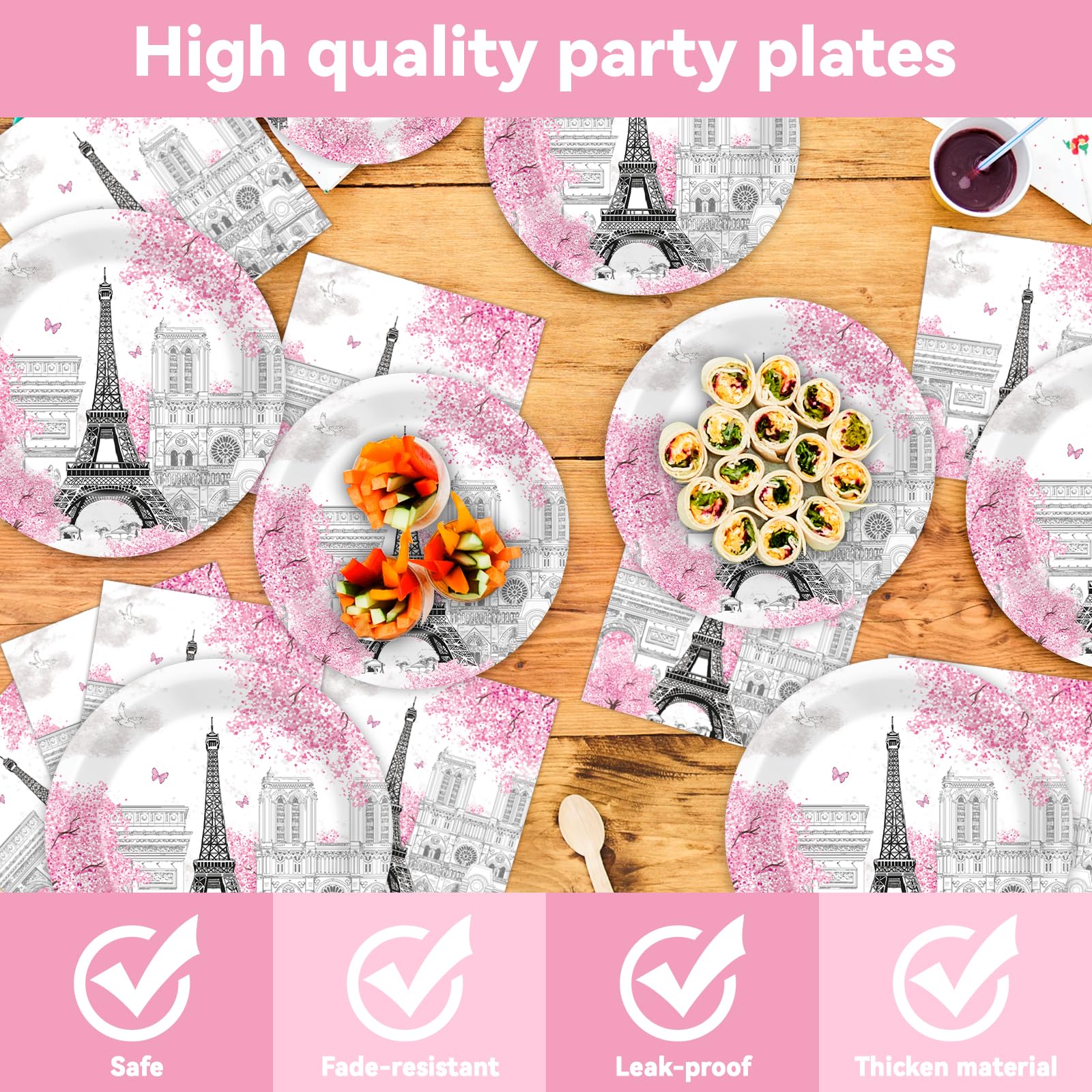 ZOIIWA Juego de platos y servilletas de papel para decoración de fiesta temática de París, Torre Eiffel, mantel desechable rosa para decoración de baby shower, suministros de fiesta de París