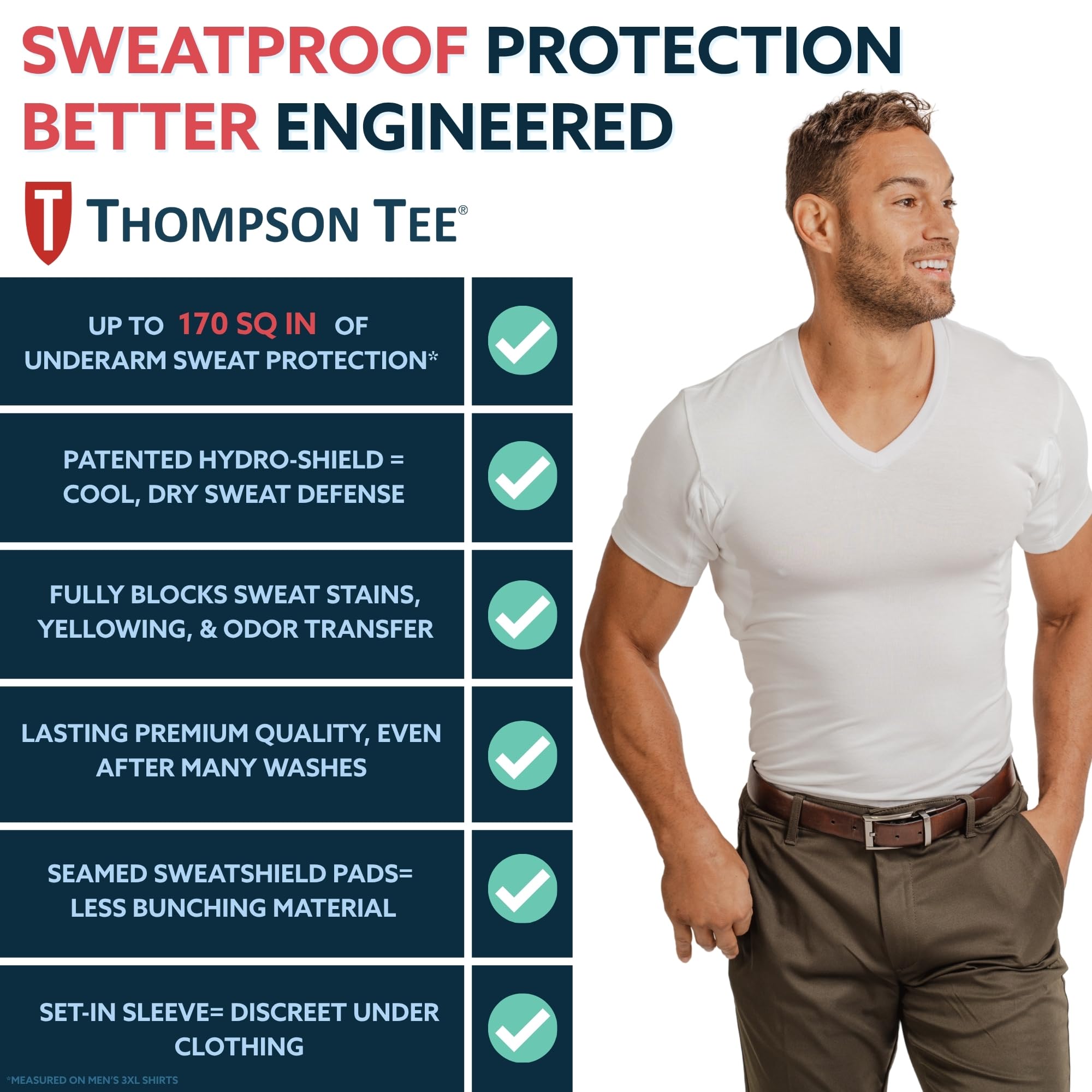 Thompson Tee - Maglia Intima blocca-Sudore - con Pad sotto-Manica Anti-Sudore - Modello Slim Fit - Scollo a V - Bianco