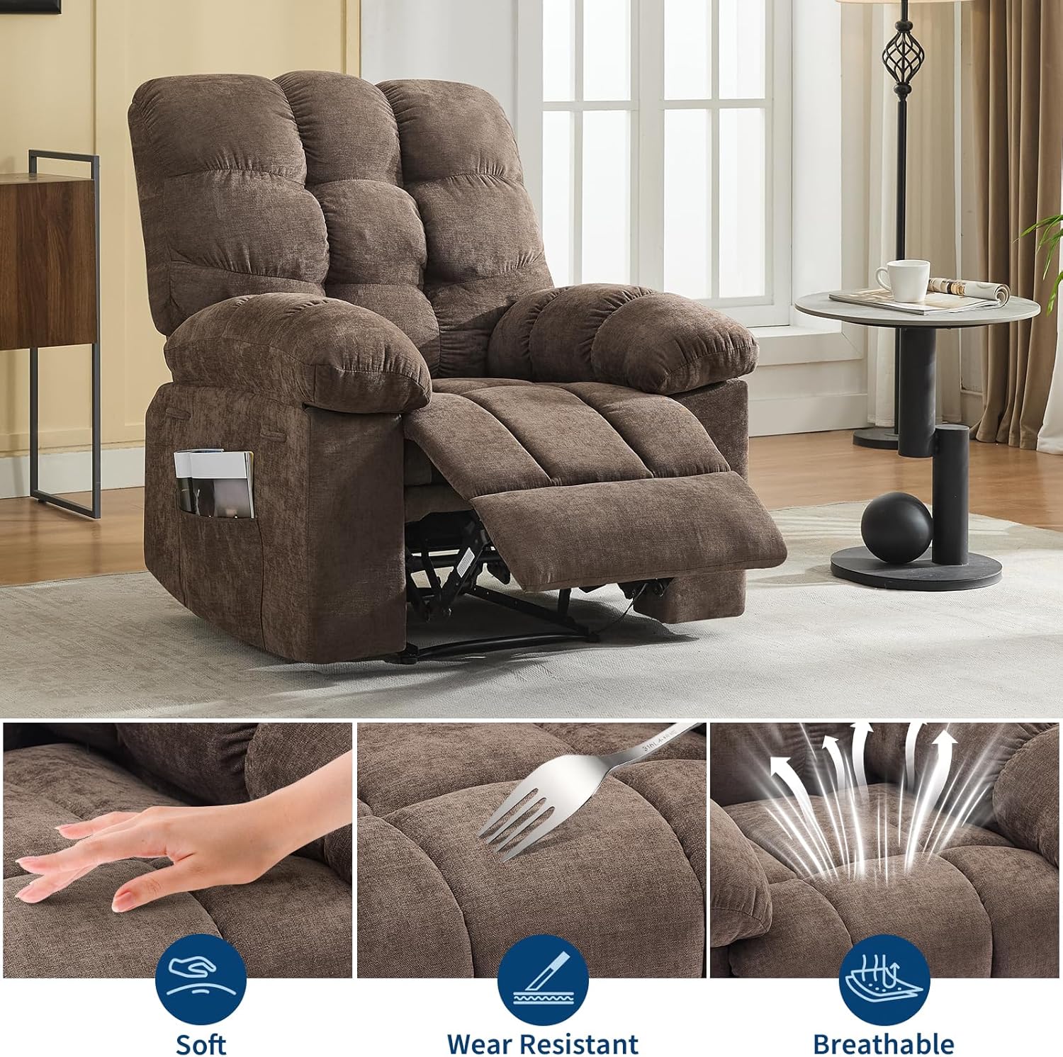 Recliner Chair, Wide Rocker Chair, Rocking Chair with Massage and Heat, Heat Ergonomic Overstuffed Breathable Fabric Reclining Chair with 2 Side Pockets, Remote Control, Living Room, Bedroom