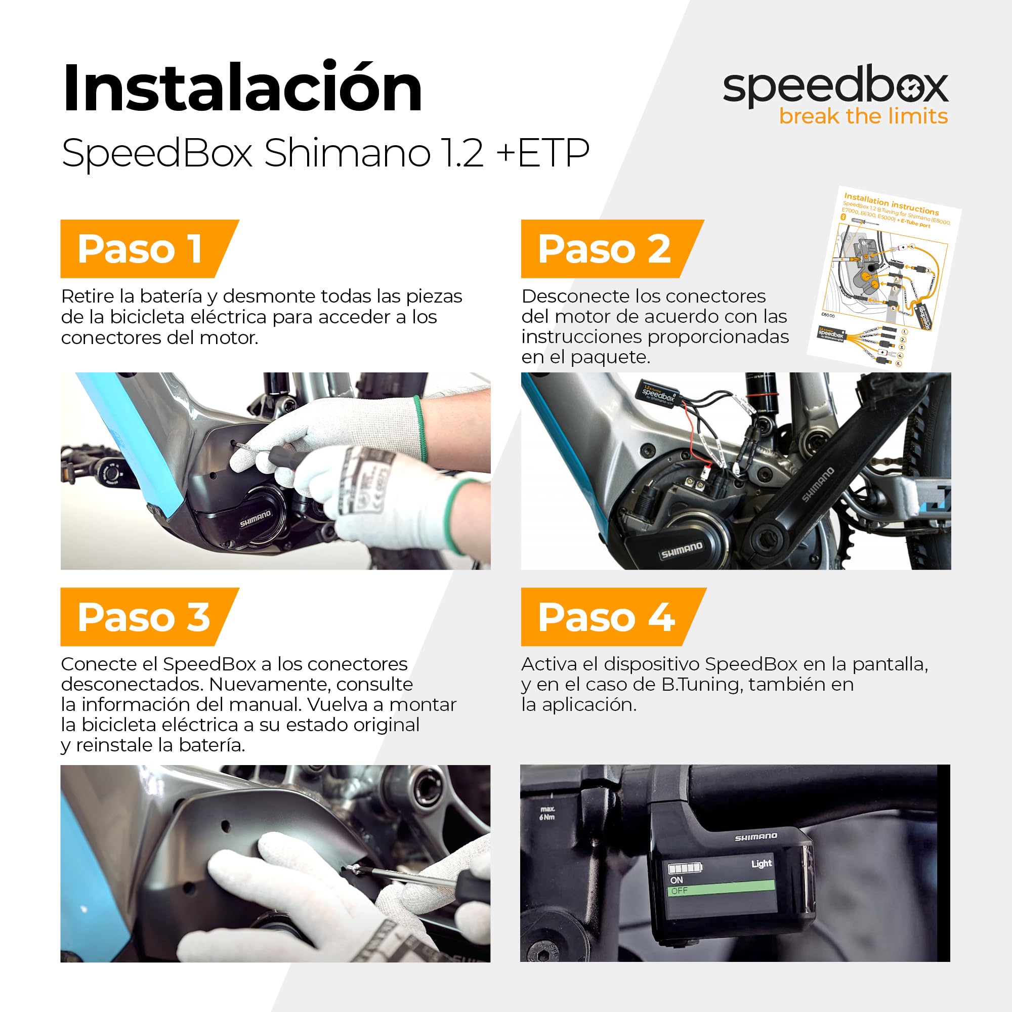 SpeedBox 1.2 compatible con Shimano/Chip de tuning para bicicletas eléctricas con motores Shimano E8000, E7000, E6100, E5000 + E-Tube port Di2 + Sistema Satélite