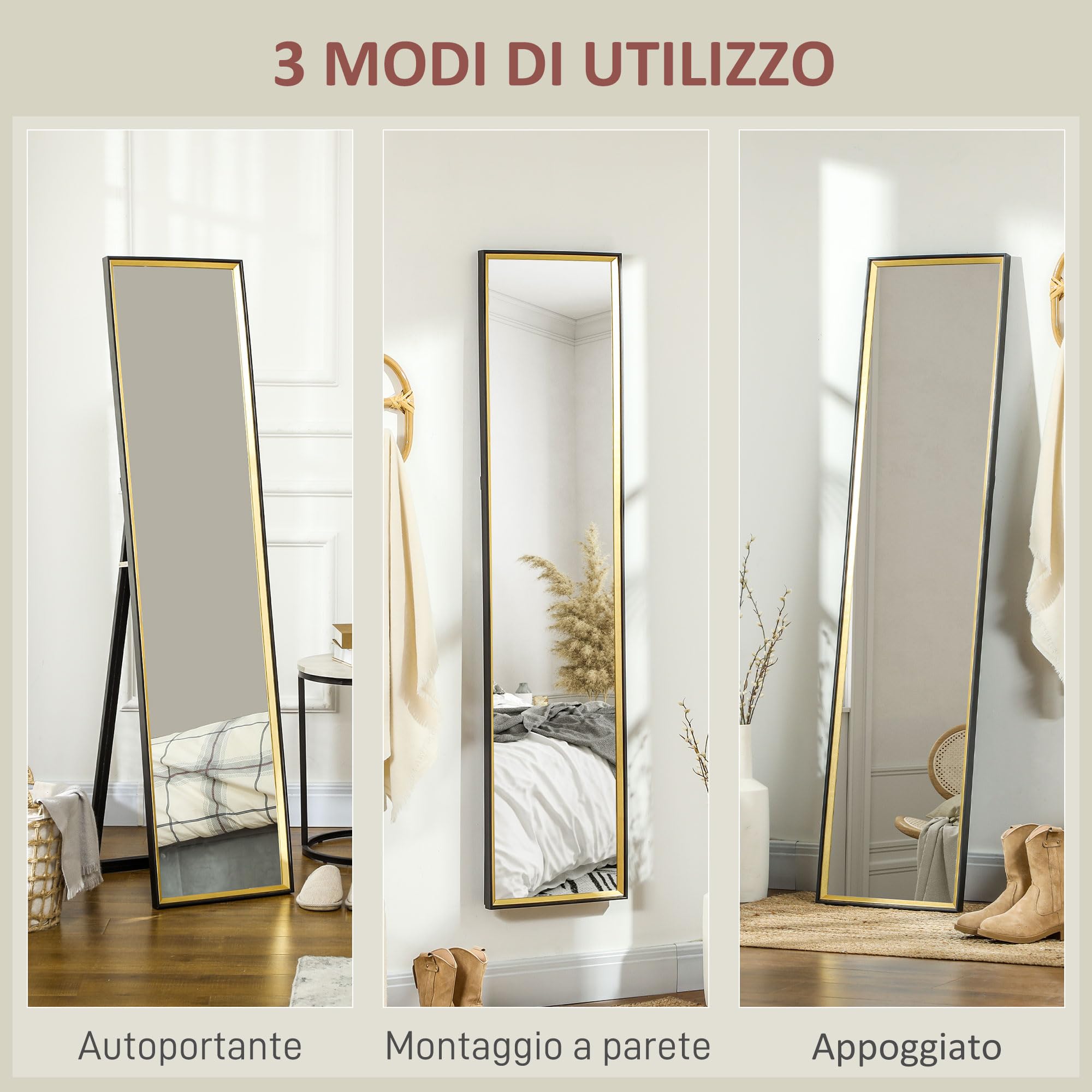 HOMCOM Specchio da Terra a Figura Intera con Supporto Posteriore e Cornice, Specchio da Parete in MDF e Vetro con Pellicola Protettiva Antisfondamento, 37x3x157 cm, Nero e Oro