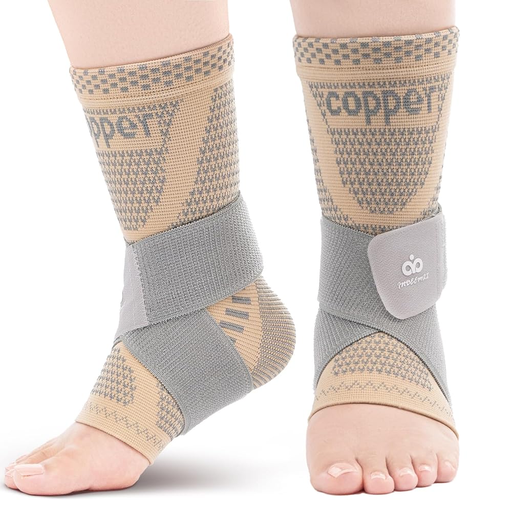 INDEEMAX Ankle Brace for Sprained Ankle Compression Sleeve, 2 Pack Copper Infused Ankle Support Brace for Women & Men, Plantar Fasciitis Relief Achilles Tendonitis, Sports Running, Skin Silver, XL