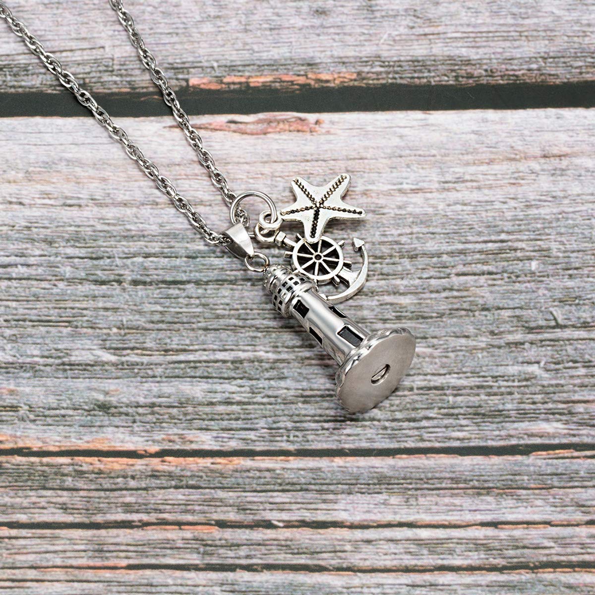 Gredstar Lighthouse Urn Necklace for Ashes Memorial Keepsake Pendant with Starfish Charms Cremation Jewelry (Lighthouse + Anchor + Starfish)
