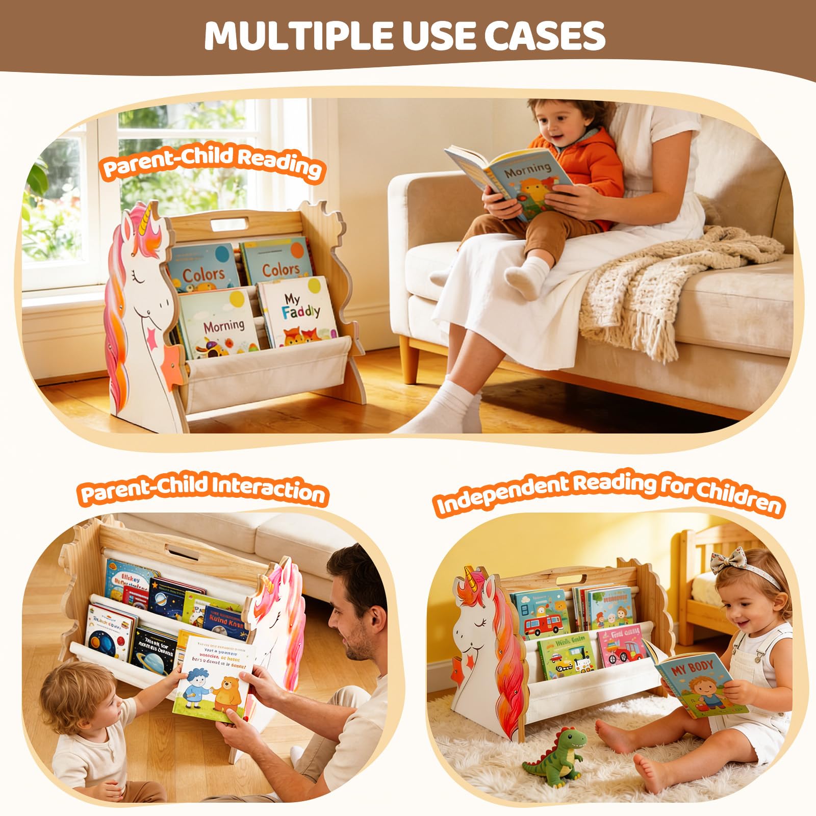 Libreria per bambini in legno a 2 ripiani, Libreria Montessoriana per Bambini, Scaffalatura Espositore da Cameretta, organizer per libri con maniglia, scaffale organizer per Cameretta e Stanza (02)