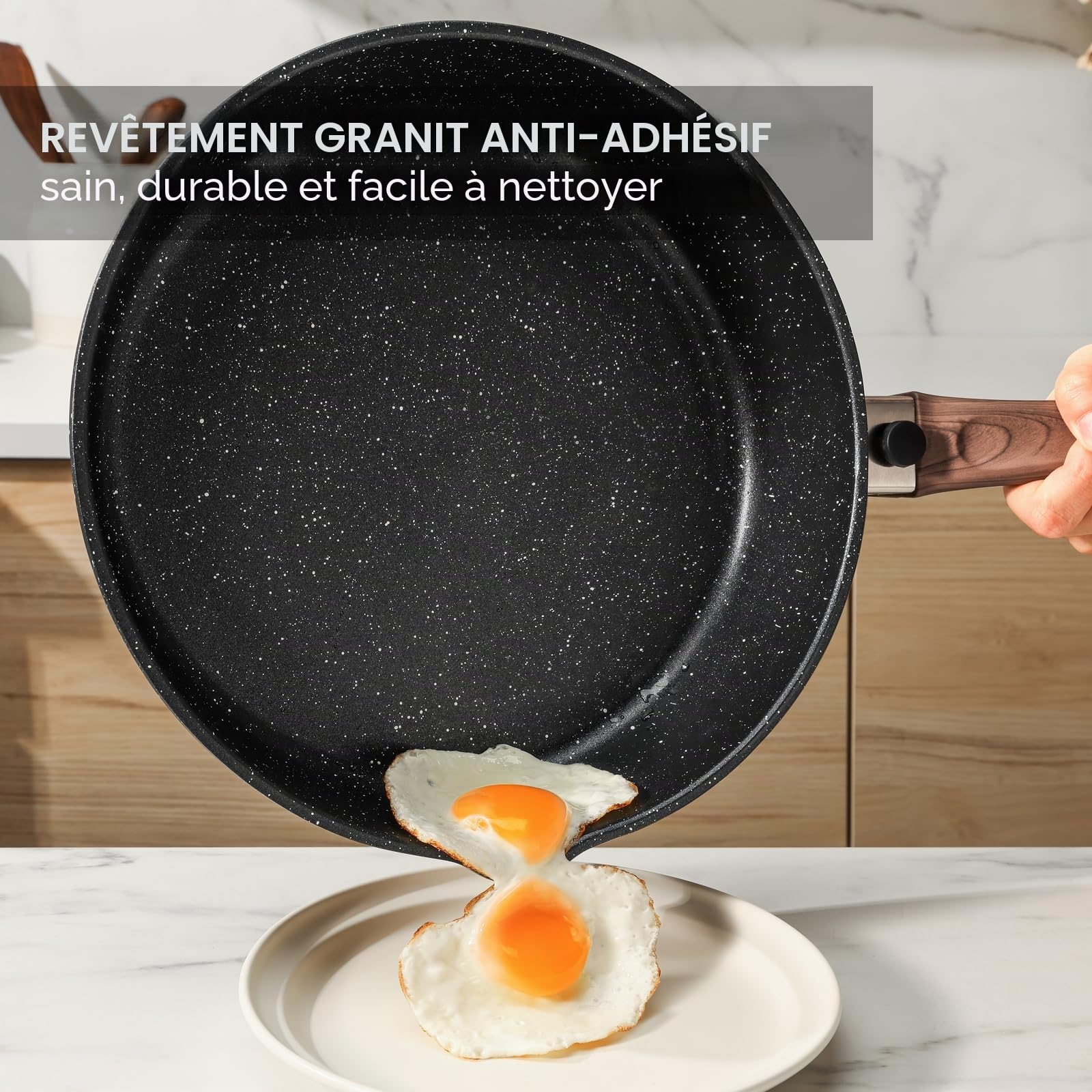 Kordisen Poêle à Frire Profonde 28 cm avec Couvercle, Poignée Amovible, Revêtement en Pierre de Granit Antiadhésive pour la Cuisson, Batterie de Cuisine à Induction, Sans PFOA