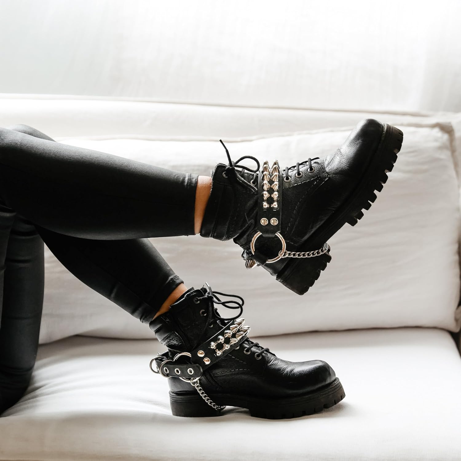 Leather Bootstraps – Pair of Handmade Gothic Spiked Shoe Accessories – Studded Punk Emo Goth Cuffs for Boots – Black Cowhide with Chains - Image 2