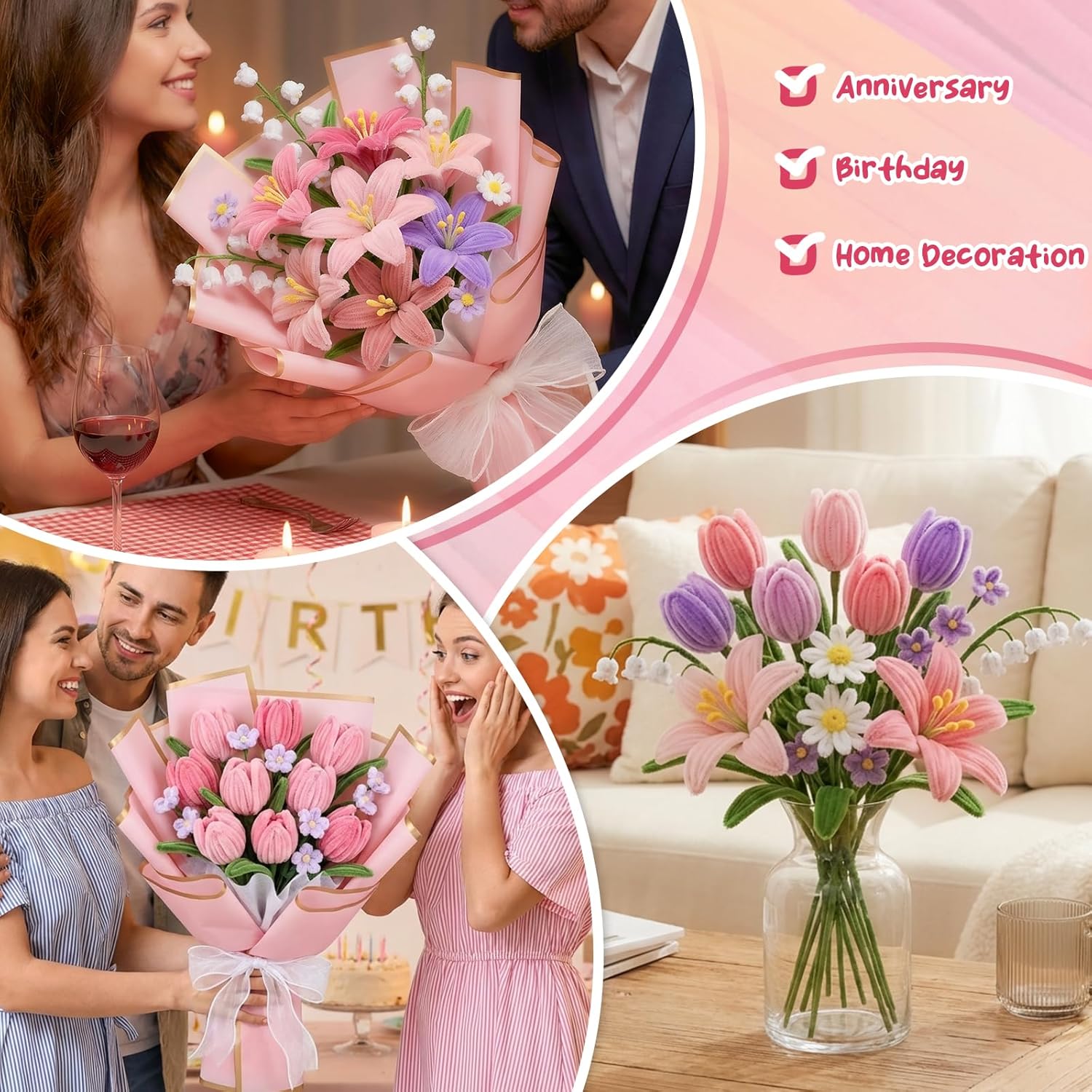 646Pcs Pipe Cleaners Crafts, Pipe Cleaner Lily s & Tulip Flower Kit with Instructions, Hot Melt Gun & Floral Wire, 6 Colors Chenille Stems to DIY Flowers for Mother's Day, Holiday Gifts & Home Decor