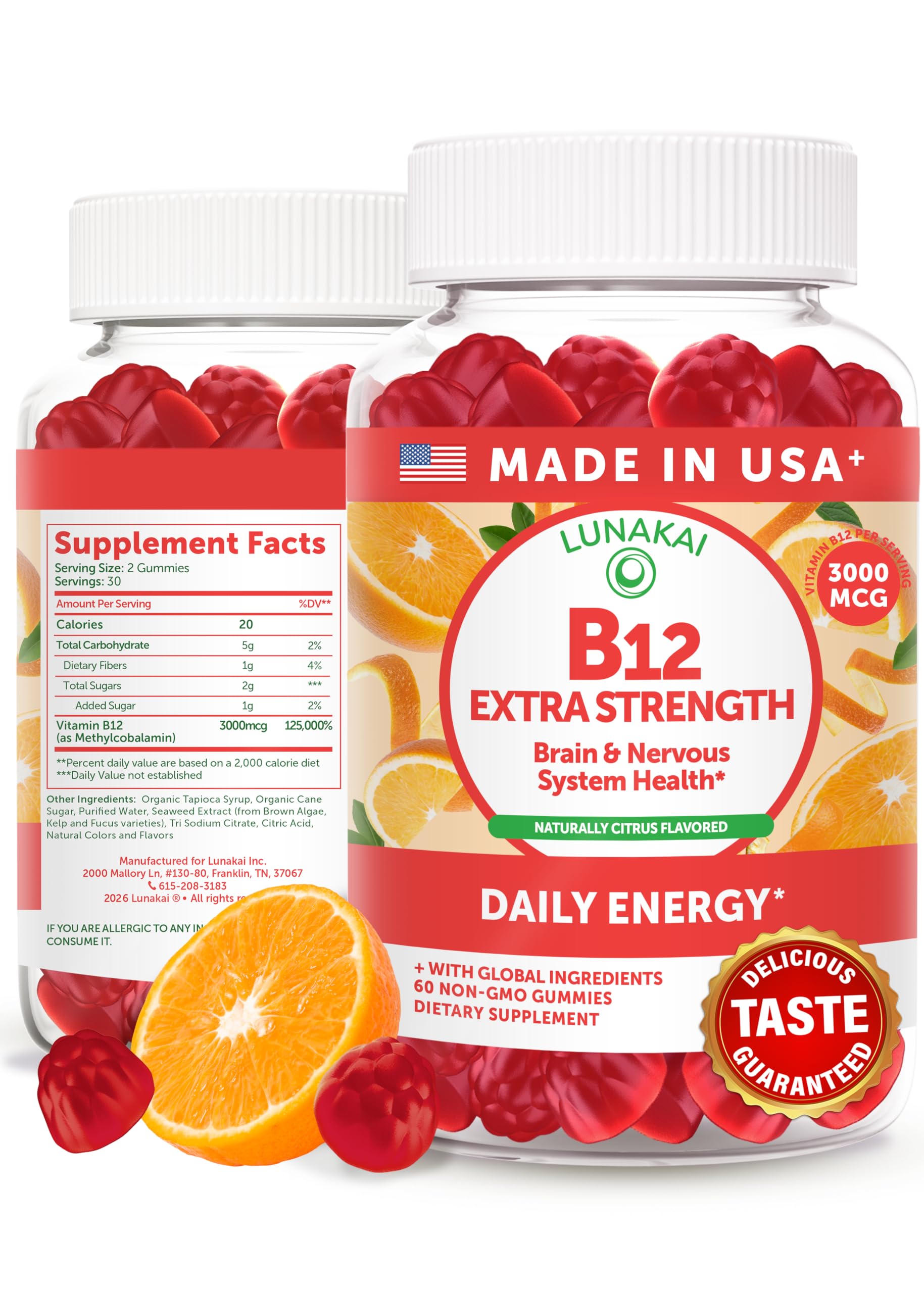 - Lunakai Extra Strength 3000mcg Vitamin B12 Gummies - USA Made, Delicious Daily Energy & Metabolism Support - Vegan B12 Methylcobalamin Supplement 60ct