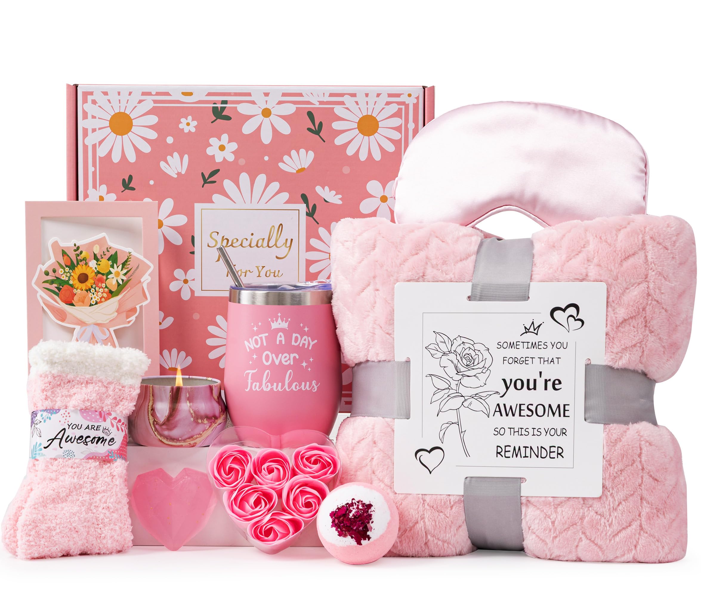 Birthday Gifts Basket for Women,Self Care Package Get Well Soon Box Relaxation Spa Bath Set for Her w/Luxury Flannel Blanket, Unique Mothers Day Hamper Pamper Gift Ideas for Her Mum Best Friend