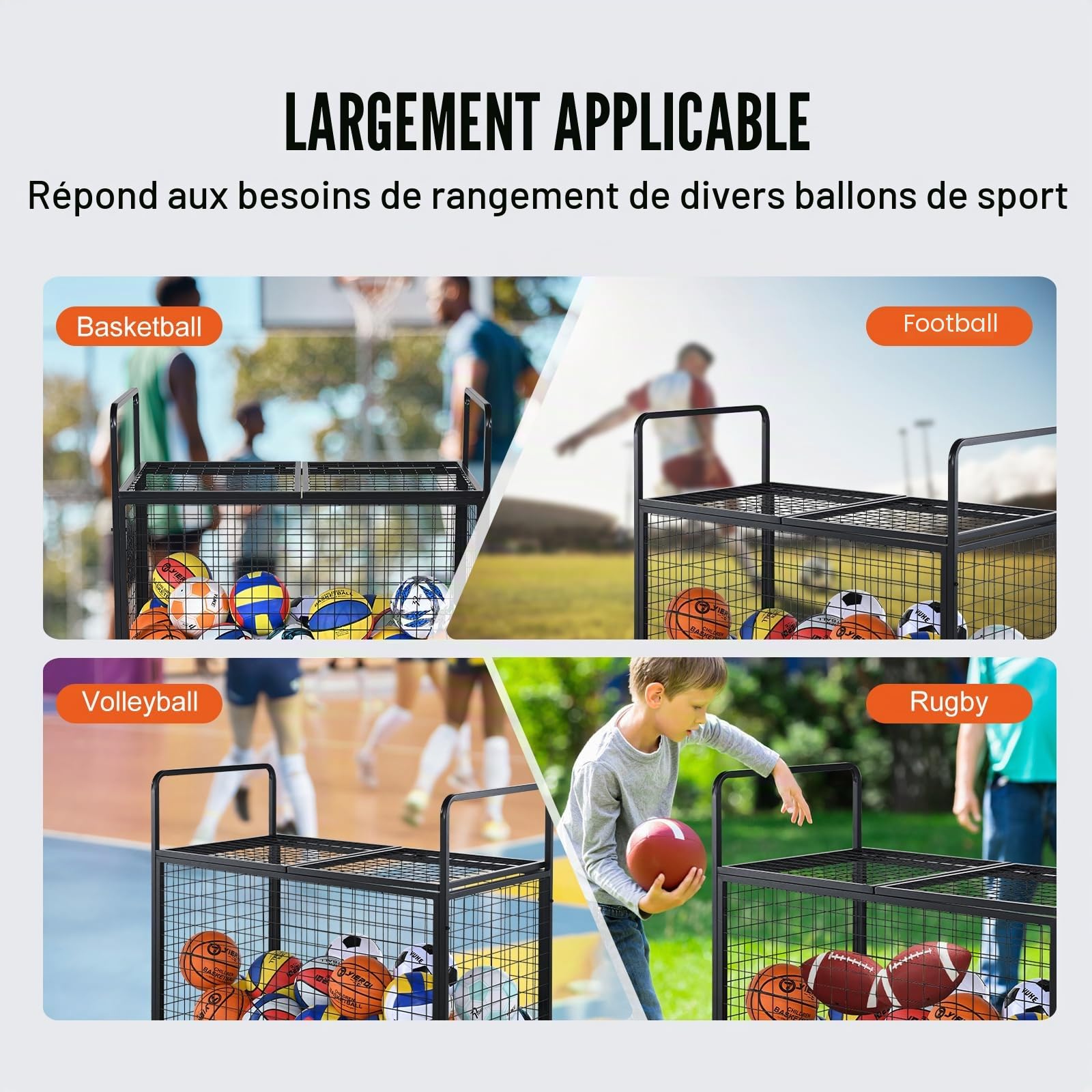 VEVOR Chariot à Ballons Verrouillable 115x61x91,2 cm Cage de Rangement pour Ballon Mobile avec 4 roulettes et Freins en Acier Organisateur pour Matériels Sportifs Gym École Garage Intérieur Extérieur