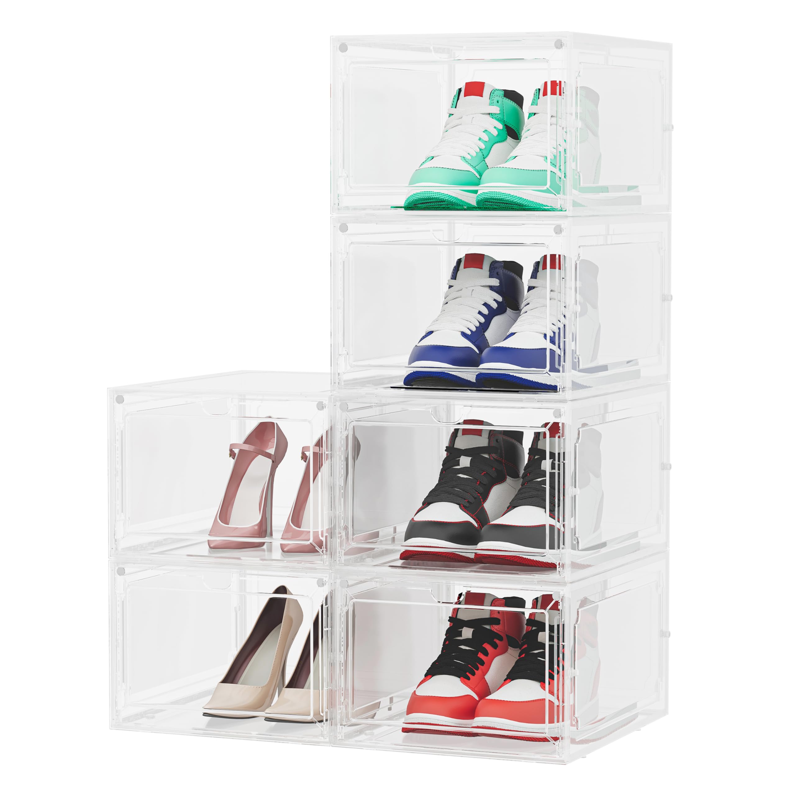 JOISCOPESturdy Clear Shoe Box Organizer,6 Pack Stackable Shoe Rack Organizer Cabinet with Magnetic Door,Space-Saving Clear Plastic Stackable Shoe Boxes for Shoes,Sneakers, Fit up to US Size 13, White