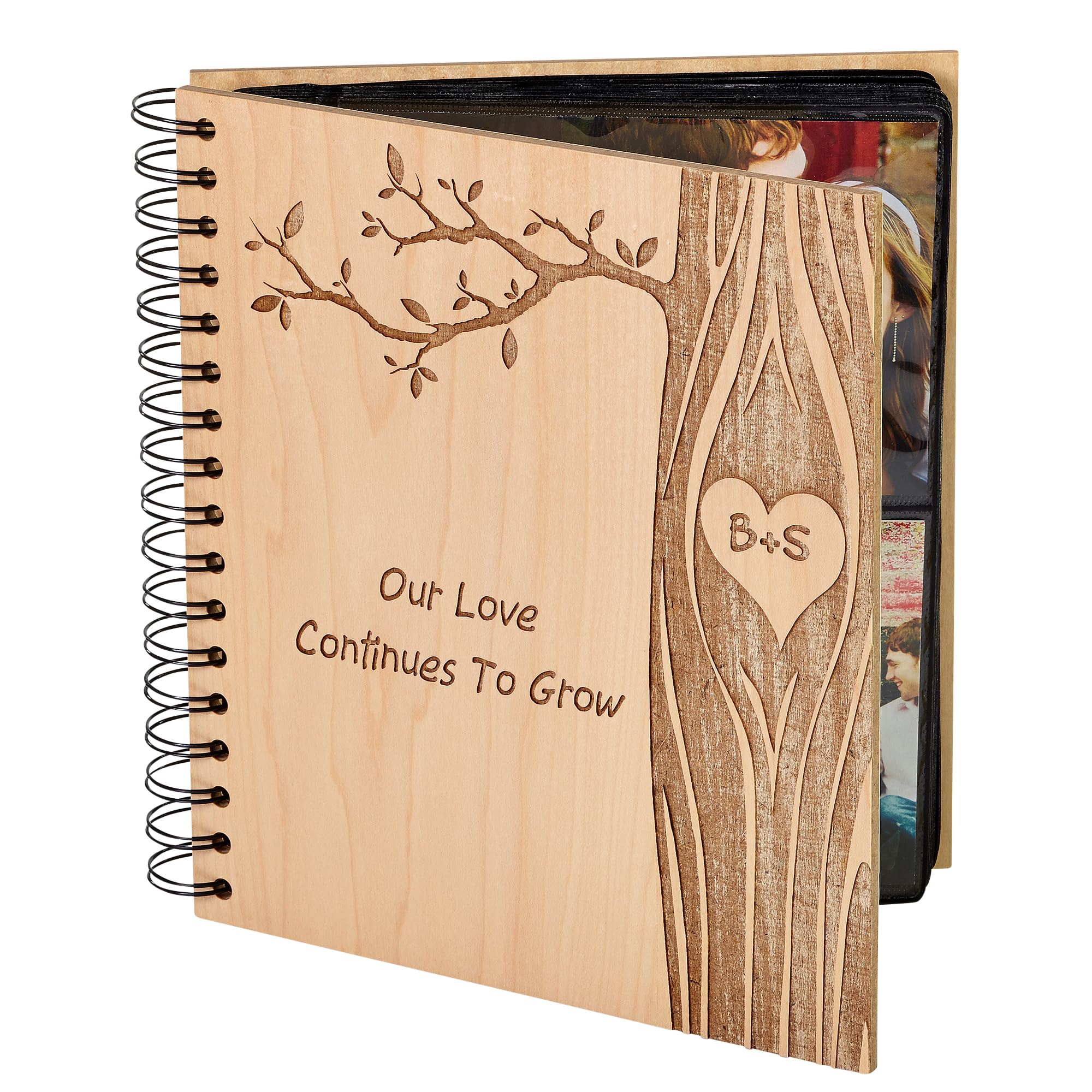 Personalization Universe Personalized Wood Photo Album for Couples - Carved In Love, Holds 72 4x6 Photos, Unique 5th Anniversary, Custom Engraved Initials, Natural Alderwood, Spiral Binding