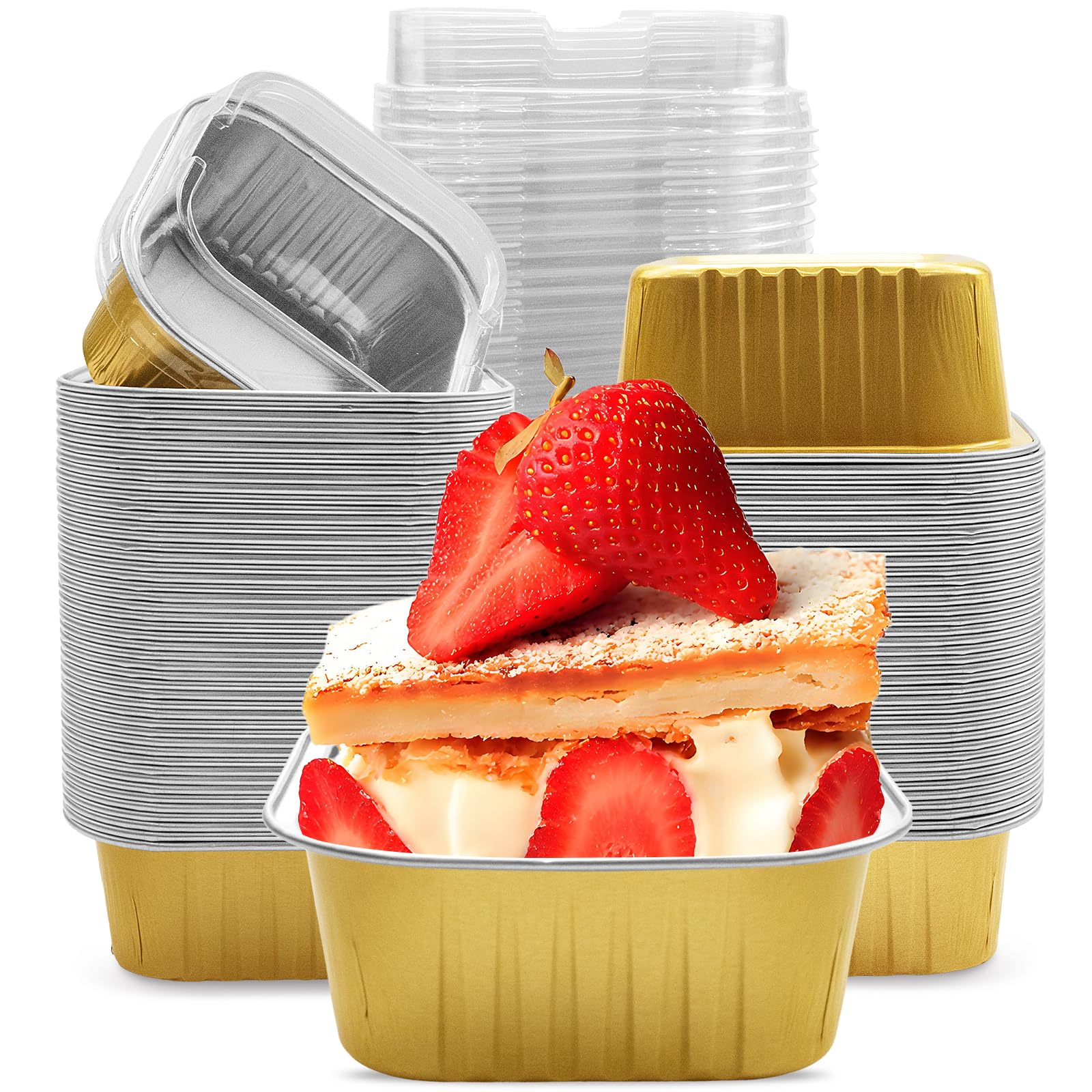 Paquete de 100 mini moldes para tartas con tapas, vasos desechables de papel de aluminio de 5 onzas, moldes cuadrados para cupcakes y postres de brownie, moldes para magdalenas, ramequines