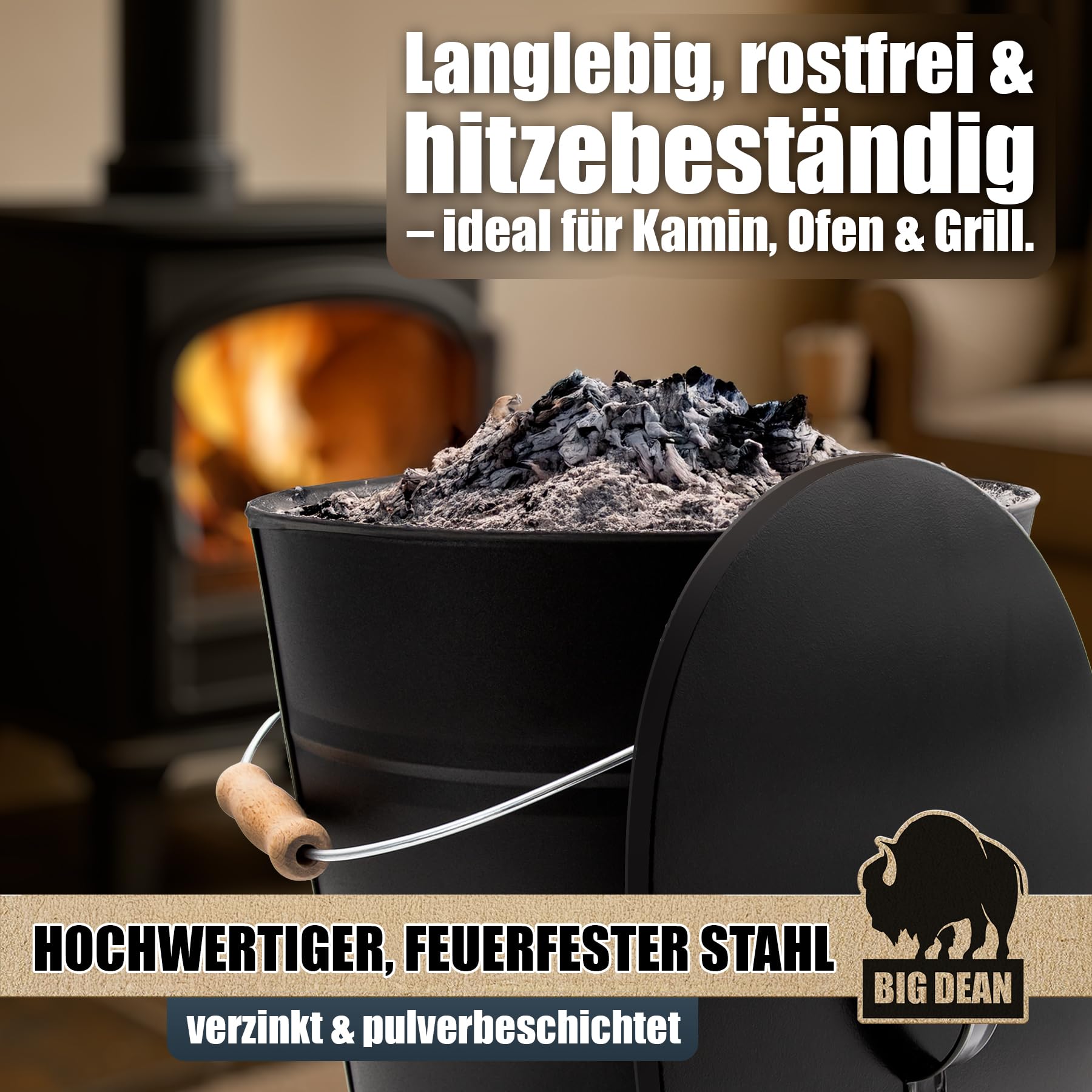 BigDean Ascheeimer mit Deckel 15 Liter mit Griff Ascheimer Oval