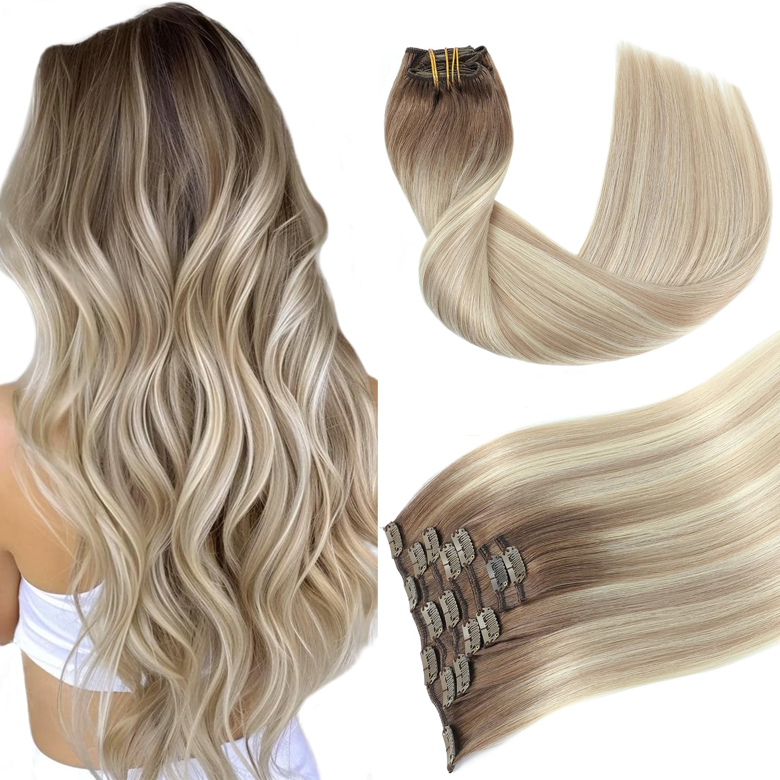 Youngsmile Clip in Extensions Echthaar Blond Balayage Clip in Extensions Hellbraun Ombre Aschblond Platinblond Clips Haarverlängerung Echthaar #8/60/18 55cm 120g 7pcs (clip#8/60/18-22Zoll)
