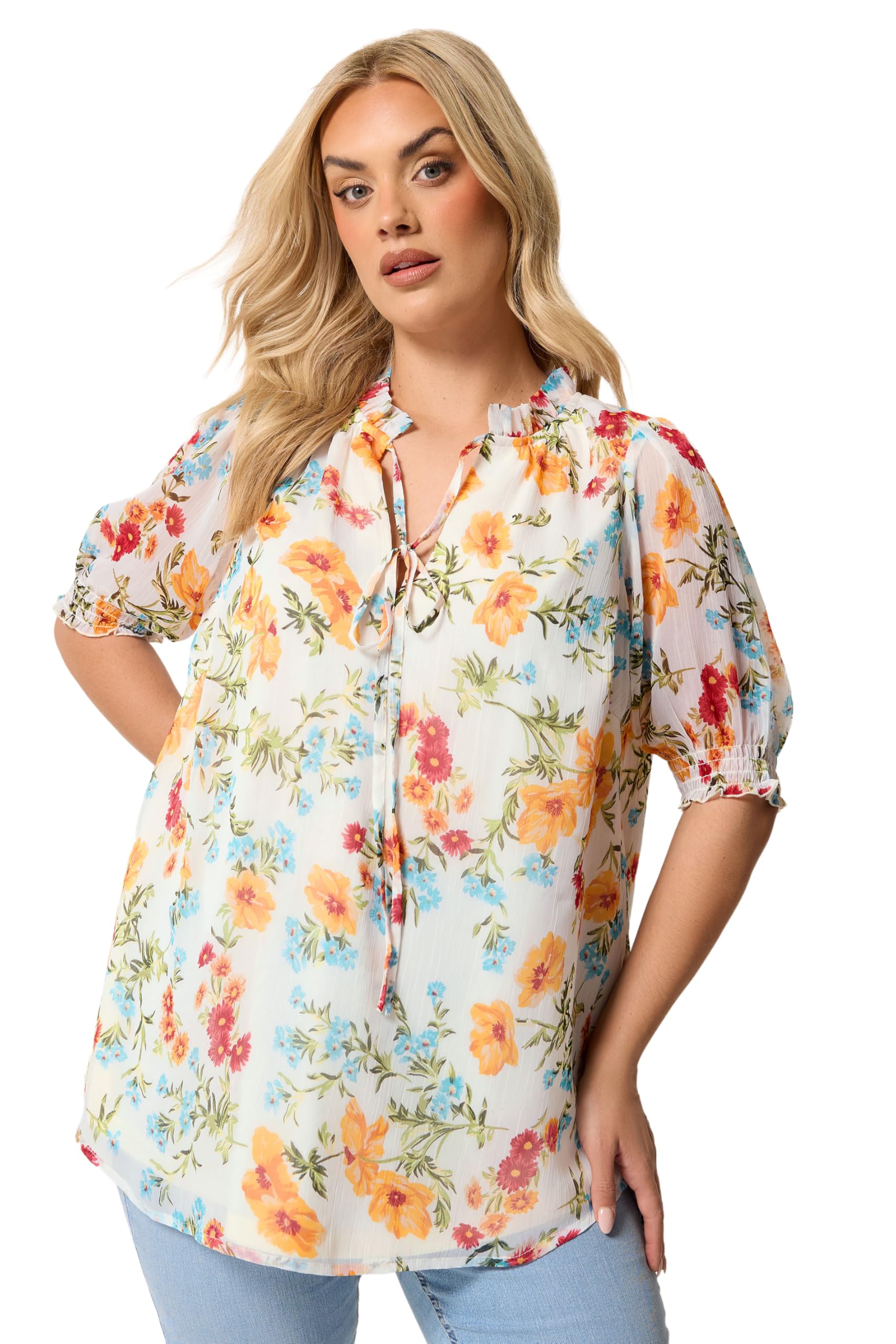 Yours Curve White & Orange Floral Frill Neck Blouse - Women's - Plus Size Curve