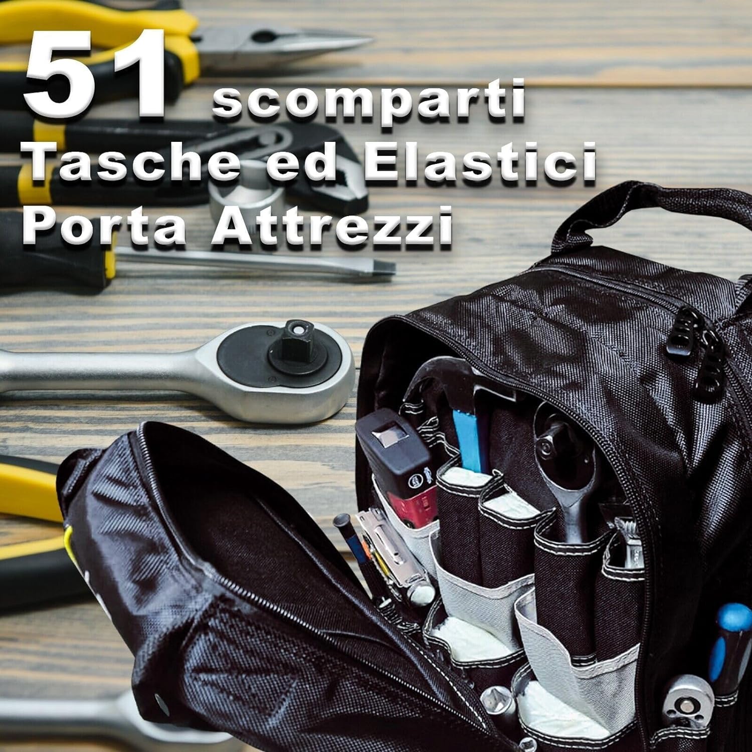 MAKA Zaino Porta Attrezzi da Lavoro, 51 Scomparti, 40L, Porta fino a 20kg, Clip Incastro, Piedi in Gomma Antiscivolo, Impermeabile agli Schizzi, Traspirante, Zaino Borsa Attrezzi Elettricista