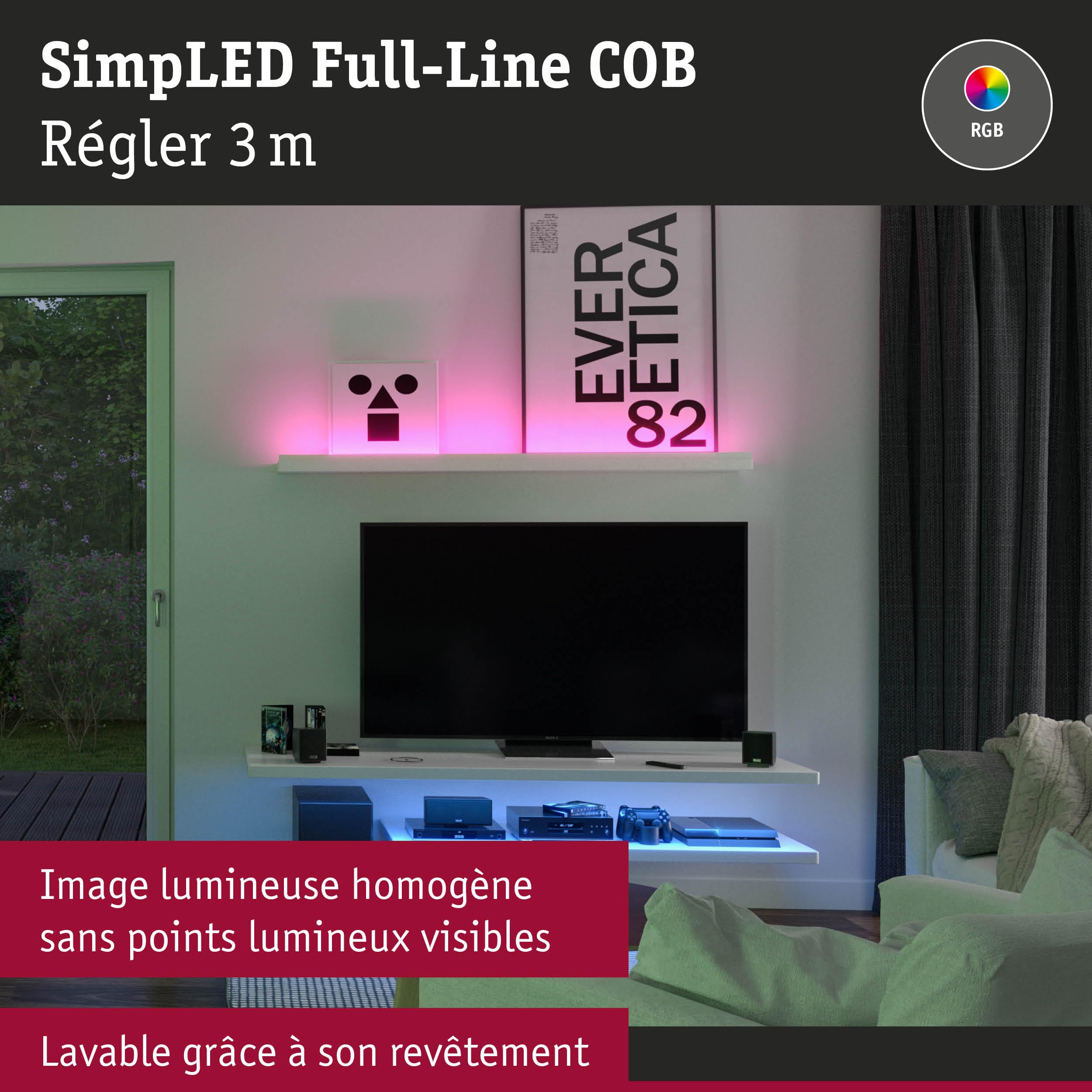 Paulmann 78864 SimpLED LED Strip Full-Line COB Kit complet 3m 22W 990lm 840LEDs/m RGB 24VA gradable blanc métal