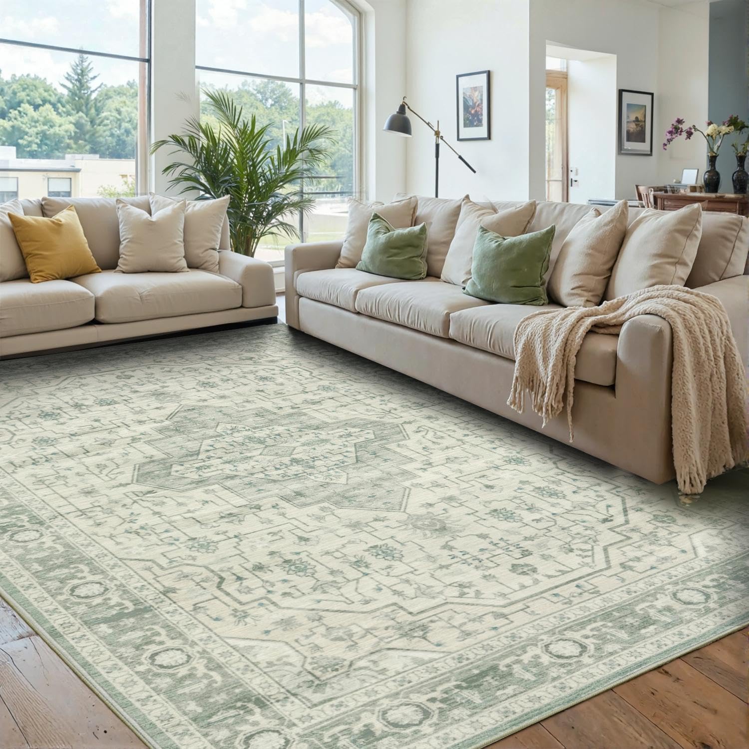 Photo 1 of [DIRTY/STAINED] Rugxara 6x9 Washable Area Rug for Living Room, Vintage Large Boho Rugs for Office, Dining Room, Kids Room, Farmhouse, Durable Low Pile Non Slip Carpet for High Traffic Areas, Sage Green