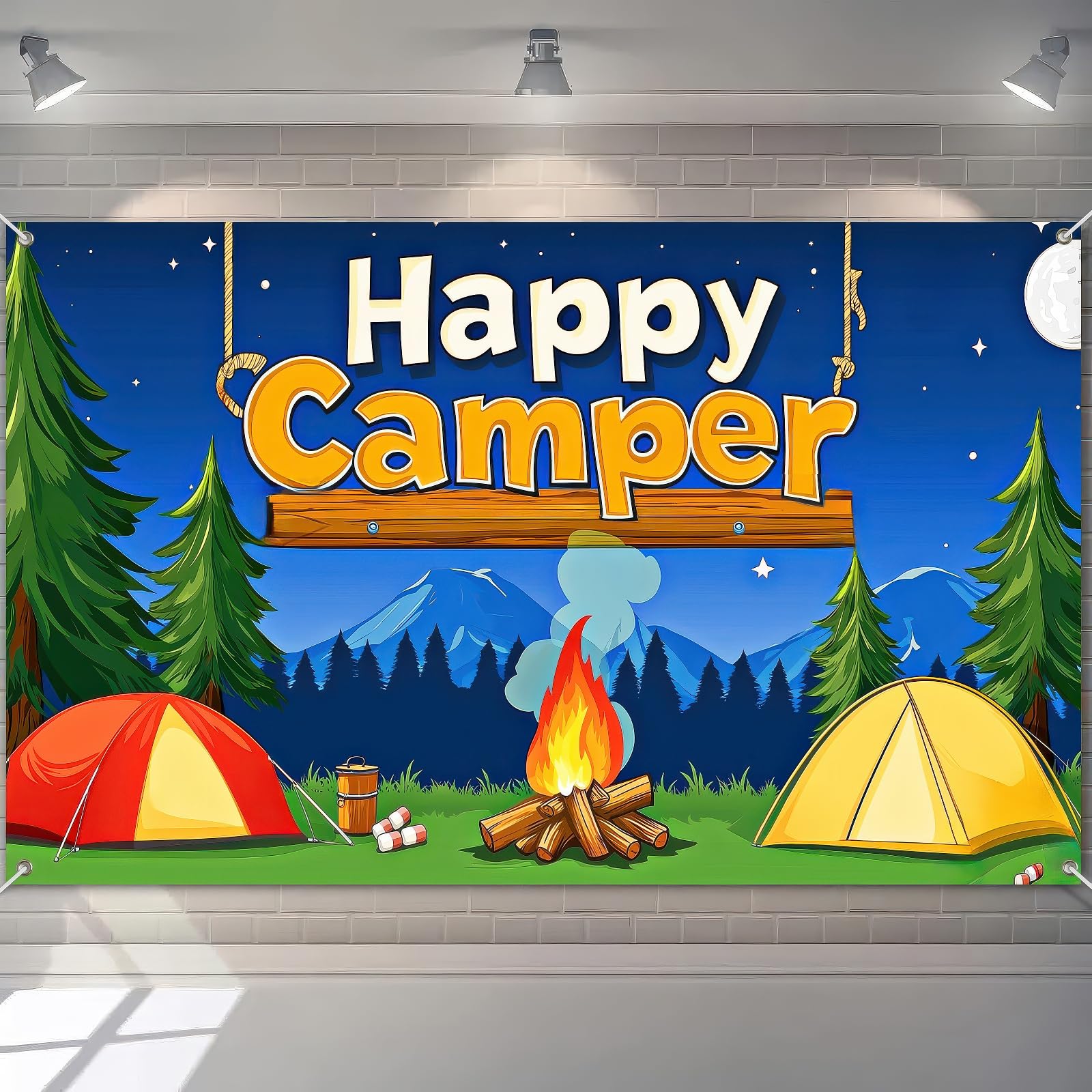 HOMETITUTE Happy Camper Backdrop Banner Camping Themed Party Decorations 71x43 Inchs Family Camp Tent Gatherings Decor Forest Adventure Campfire Photo