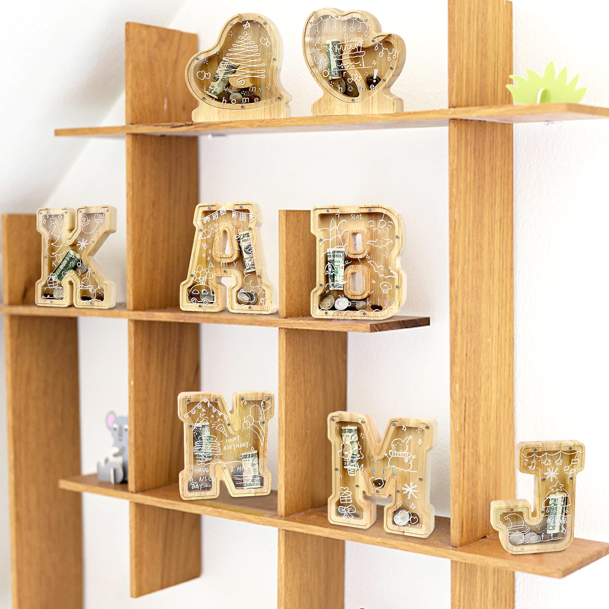 Lakpopya Gepersonaliseerde spaarpot voor kinderen, doorzichtig met letters A-Z, doelbereik, stickers en marker, doopgeschenk, decoratie