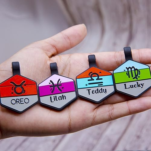 Miniatura 4 de Placa silenciosa para perro personalizada con 5 líneas de identificación de mascotas de silicona duradera y grabada profundamente, hexágono, color
