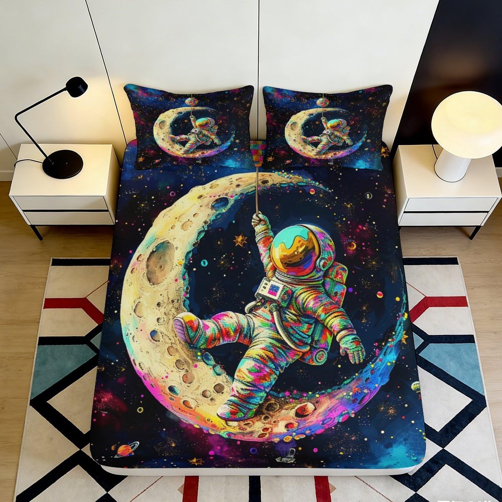 Pnayamiorkfel Style-2 3D Printed Astronaut Moon Fitted Sheet Microfiber Colourful Space Mattress Cover Non-Slip Bedroom Decor Easy Care 90X200x25cm