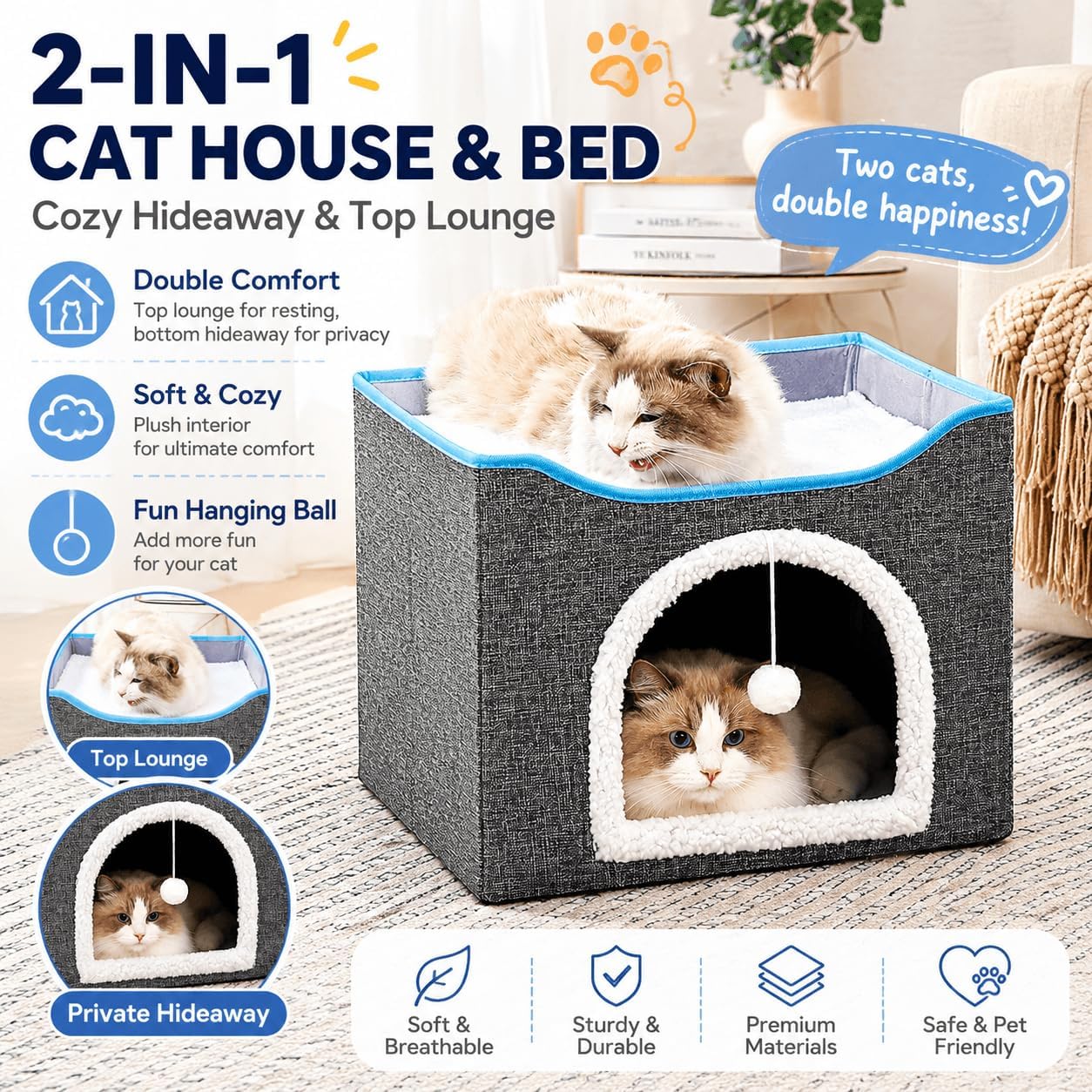 Cat Bed with Scratching Pad and Hanging Fluffy Ball Foldable Large Cat Cave House for Indoor Cats